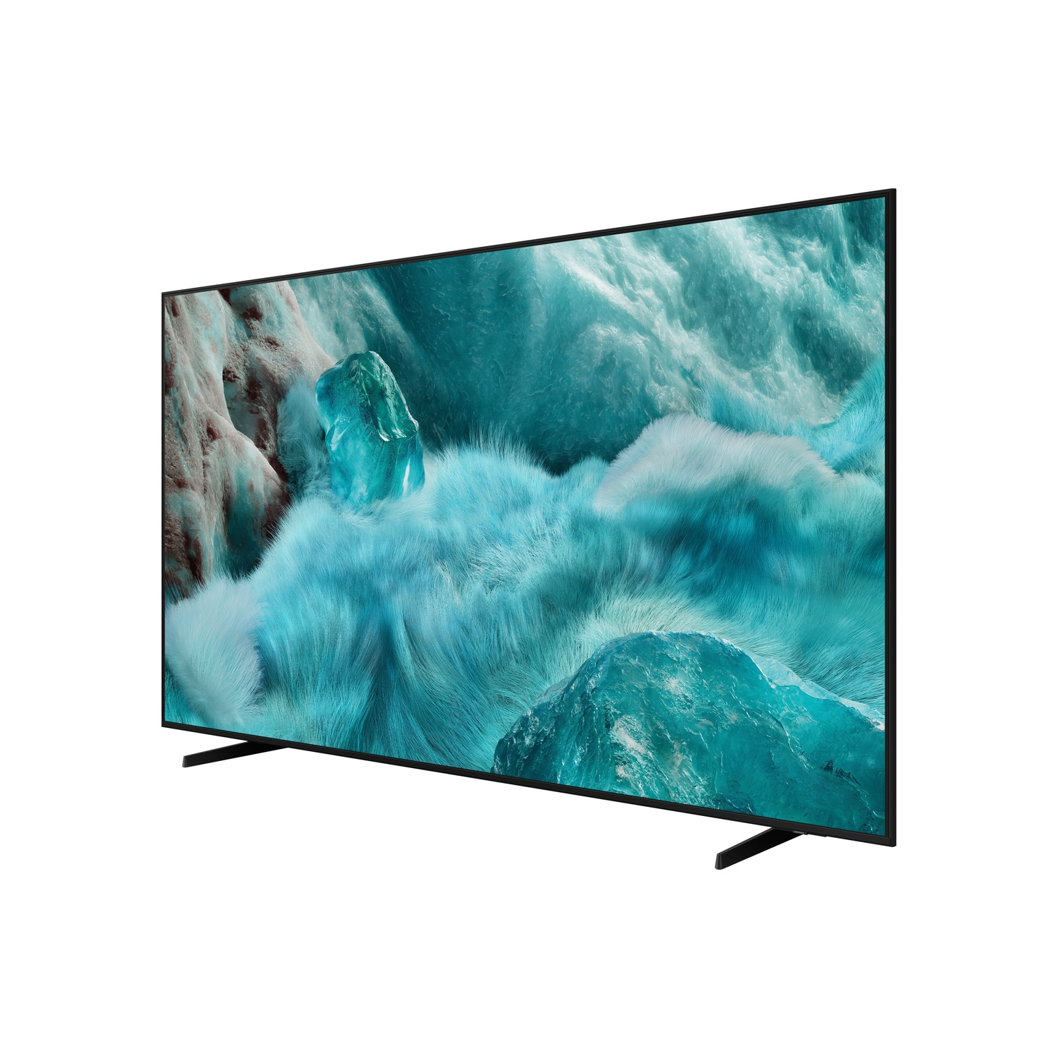 Un grand téléviseur à cadre noir affiche une image abstraite bleue et blanche ressemblant à des formations de glace sur fond blanc.