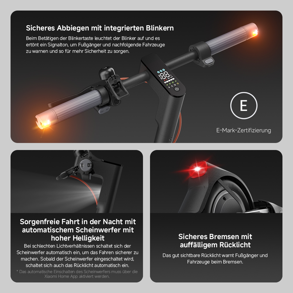 E-Scooter mit Lichtern am Lenker und rotem Rücklicht, mit Text über Sicherheitsmerkmale. Schwarz und Grau.