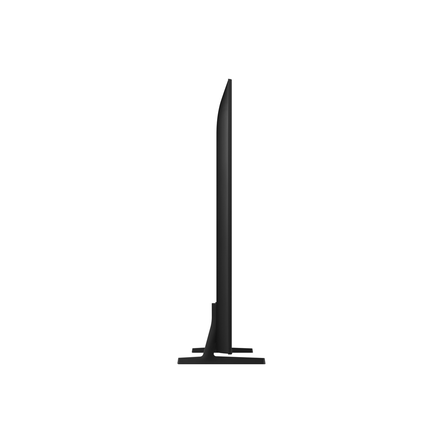 Un téléviseur à écran plat noir est présenté de côté. Il possède un pied en bas et est placé sur un fond blanc.