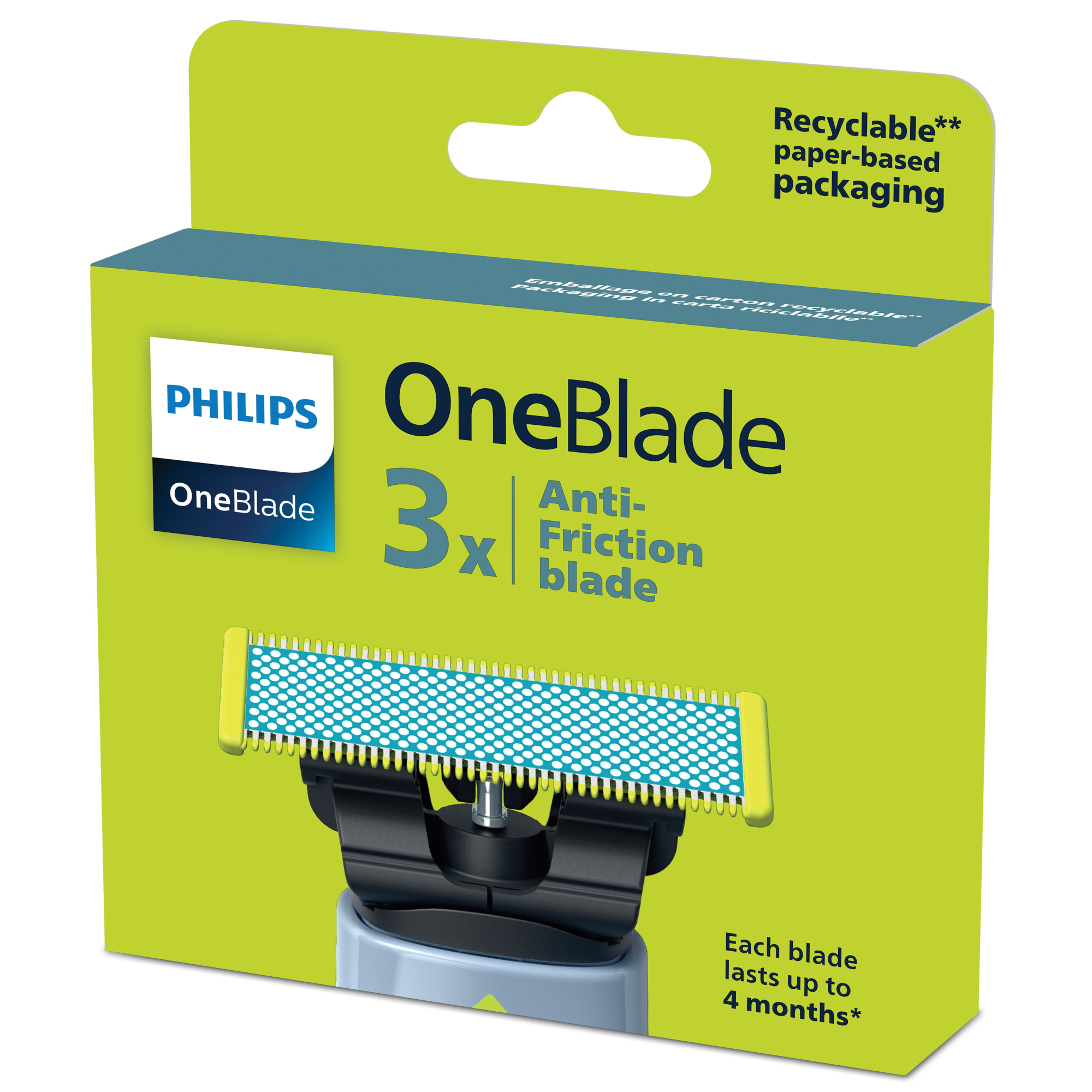 Philips OneBlade doboz 3 pengével, súrlódásgátló. A doboz lime zöld, kék és fehér. A pengék sárga és kék színűek.