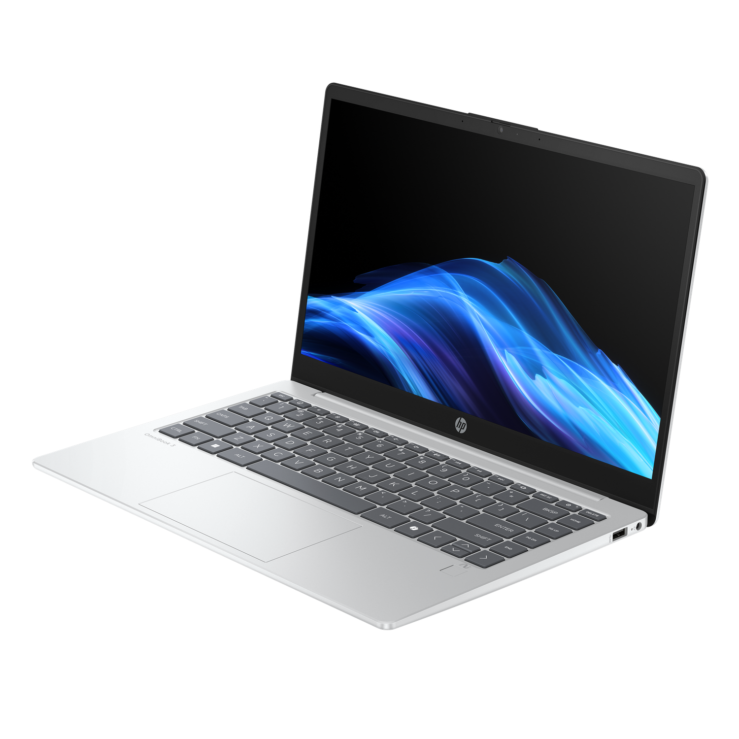 Een zilveren HP-laptop op een zwarte achtergrond. Het scherm toont blauwe en witte abstracte kunst. Het toetsenbord is zichtbaar.