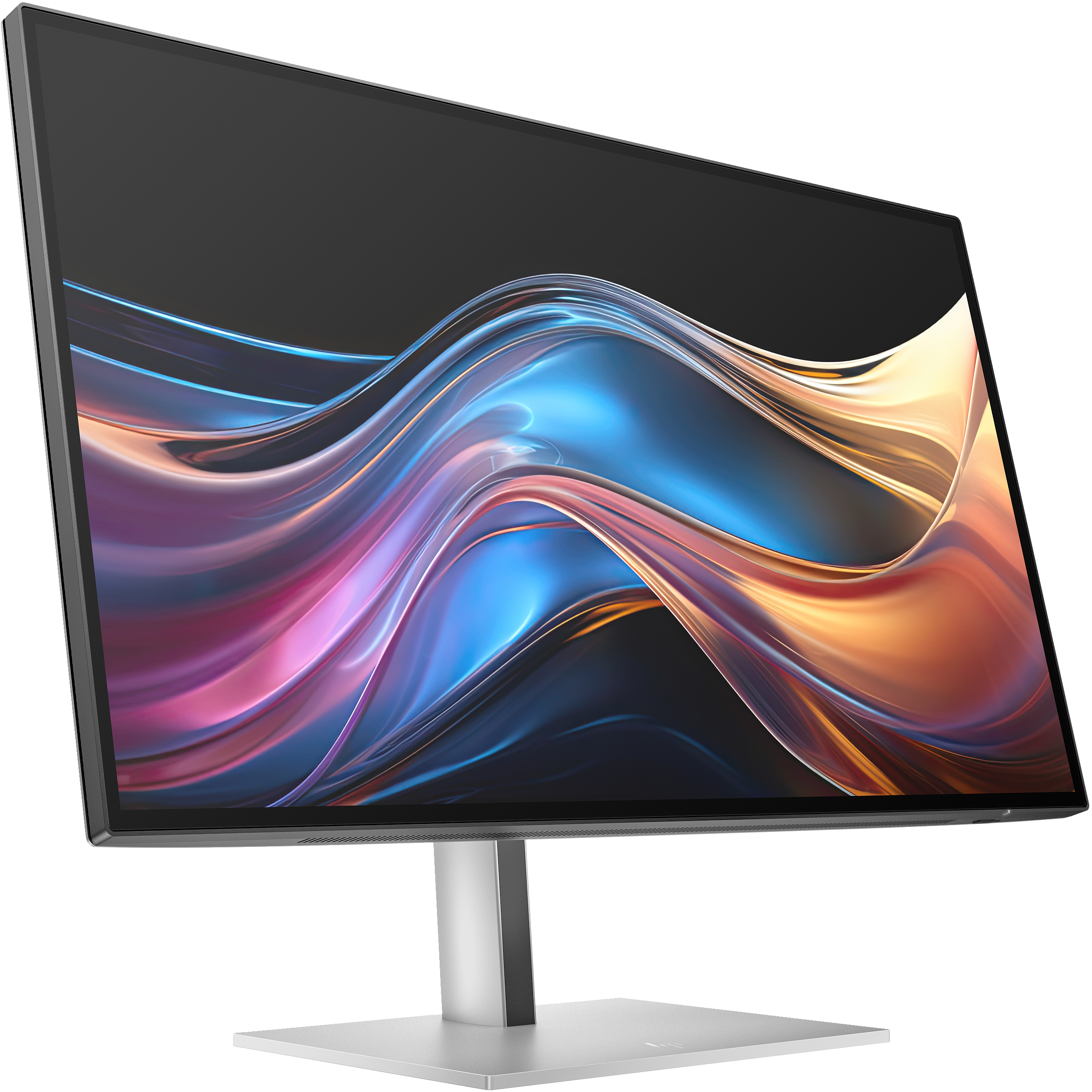 Ein moderner Computermonitor mit einer lebendigen, farbenfrohen abstrakten Grafik auf dem Bildschirm, vor weißem Hintergrund.