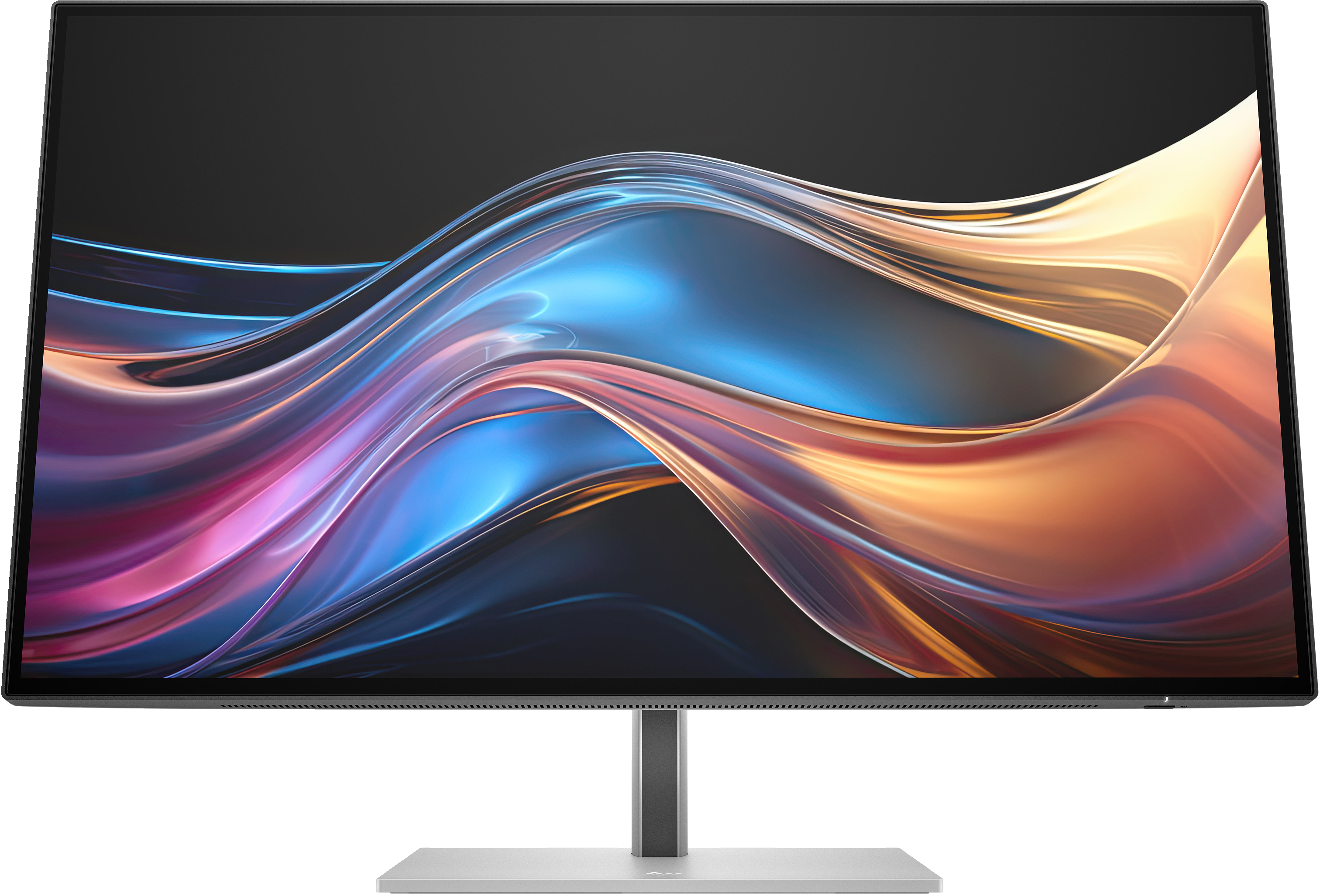 Ein Computermonitor zeigt ein farbenfrohes, abstraktes Design. Der Ständer ist silberfarben, und der Bildschirm hat einen schwarzen Rand.