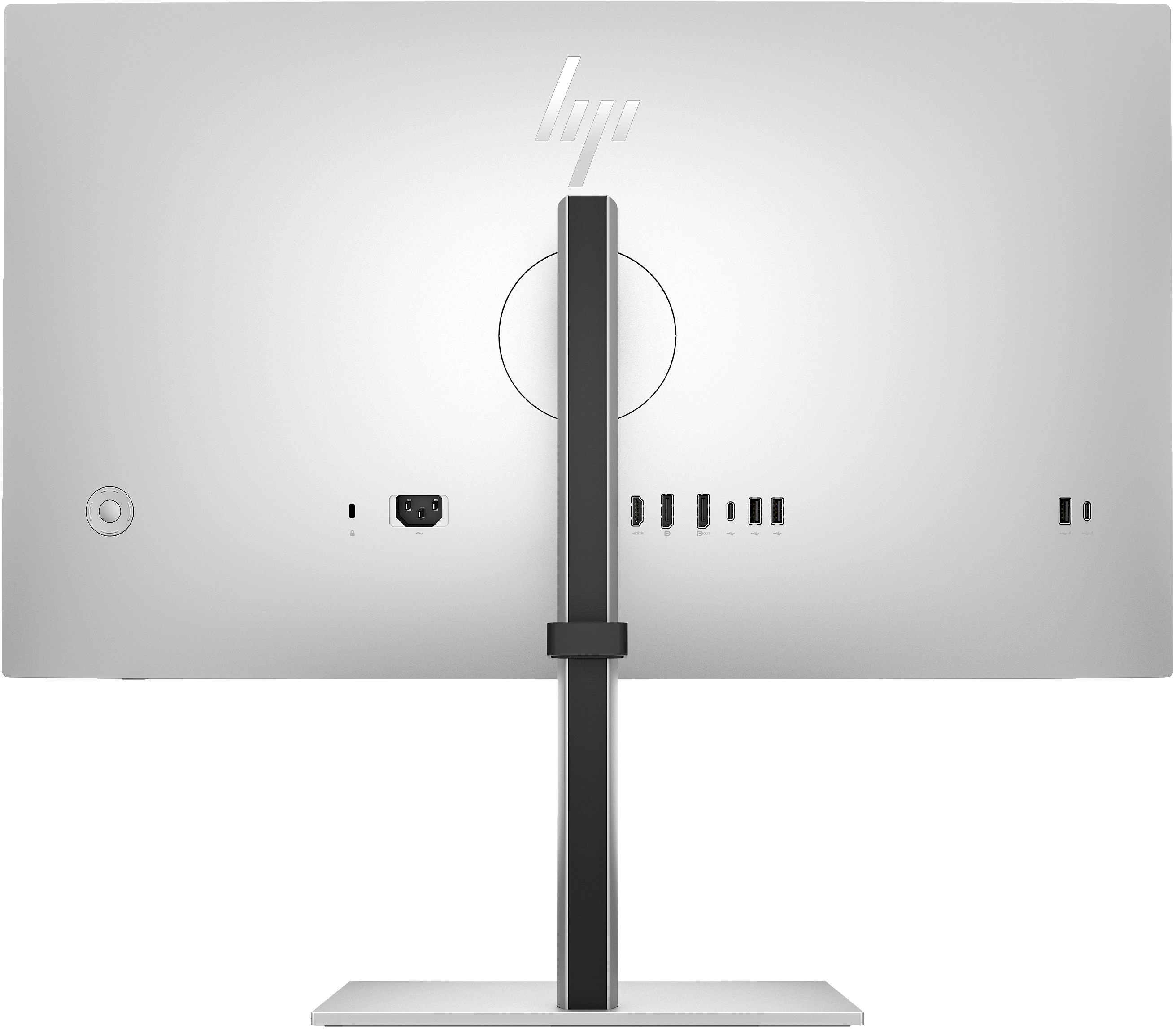 Rückseite eines silbernen Monitors. Der Ständer ist schwarz und silber. Anschlüsse und das HP-Logo sind sichtbar.