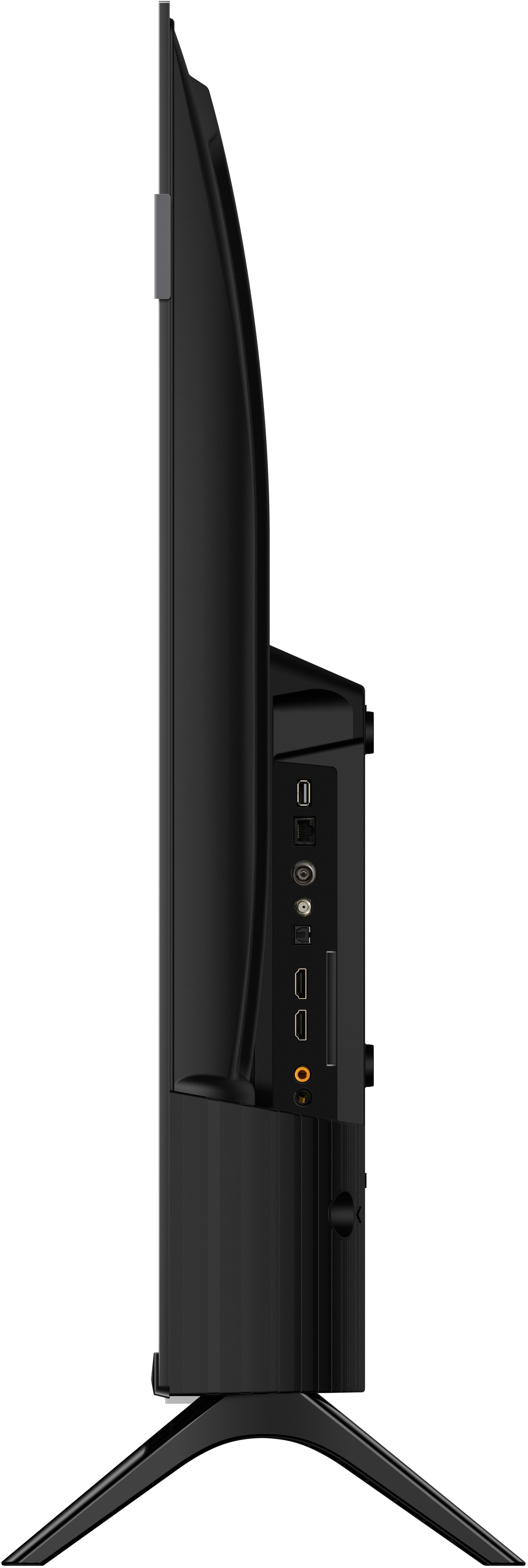 Vue latérale d'une télévision noire. Elle a un support, plusieurs ports et un design élégant. Le fond est blanc.