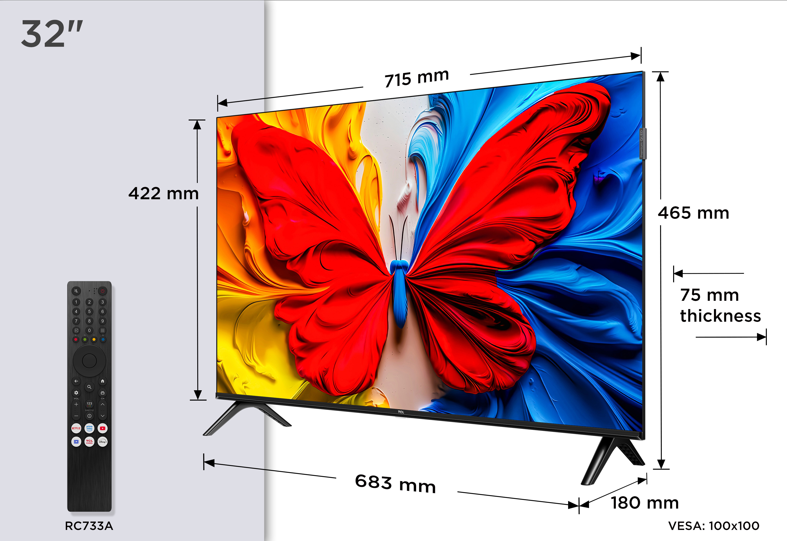 Une TV TCL 32" avec un écran d'art papillon, une télécommande et des dimensions. L'écran montre des couleurs rouge, jaune et bleu.