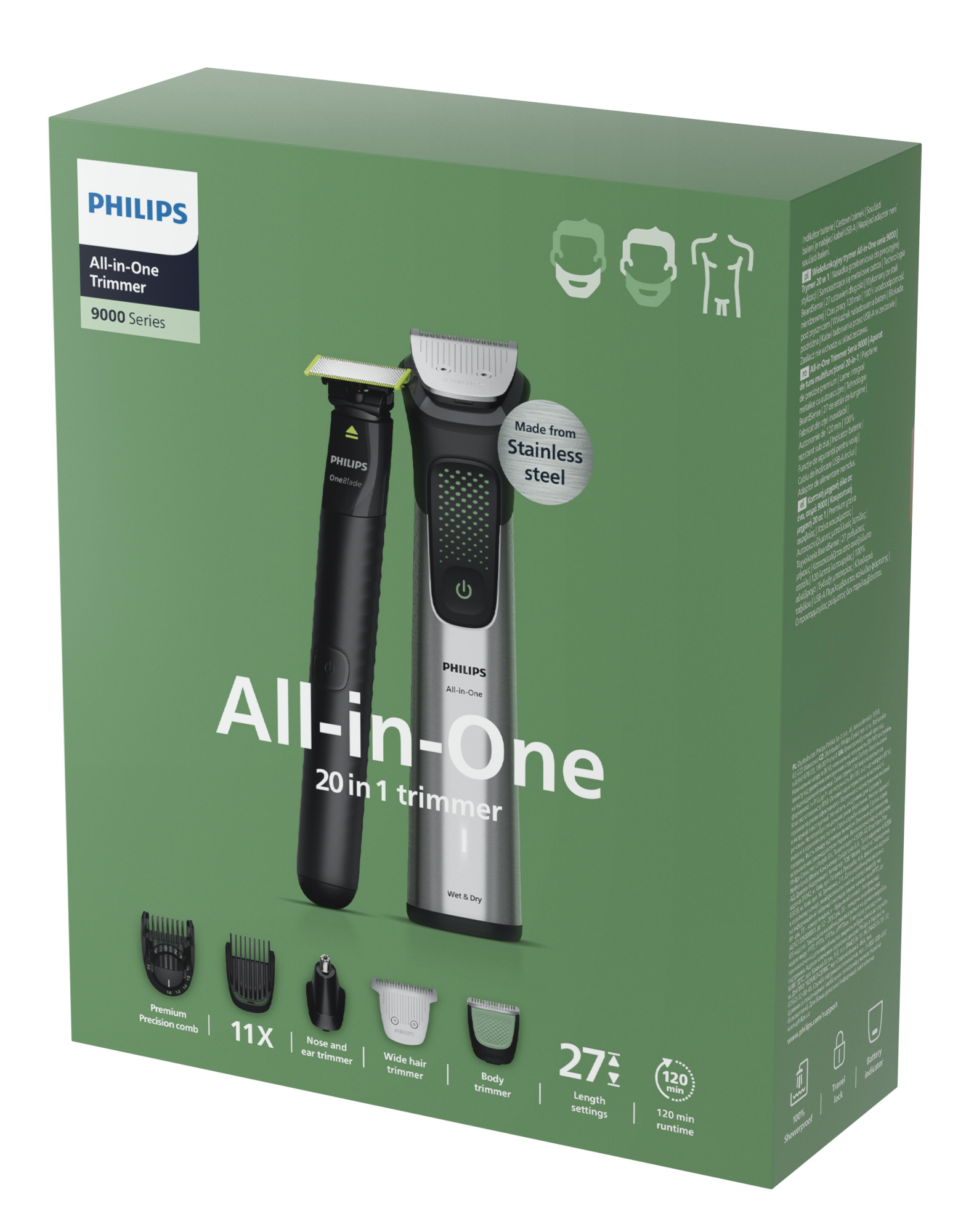 A Philips All-in-One trimmer doboza látható, a trimmerrel és a tartozékokkal.