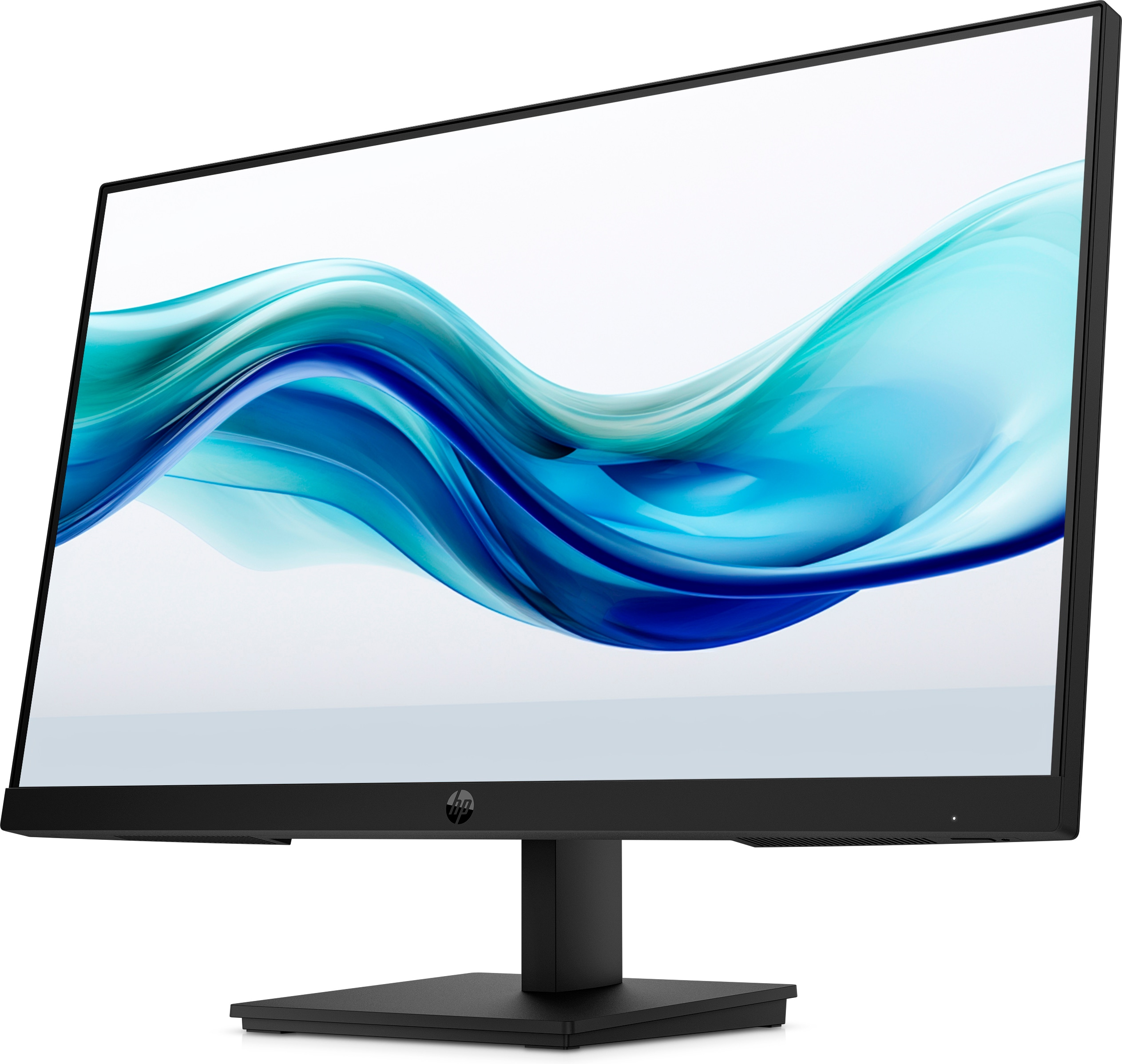 Schwarzer HP-Monitor zeigt ein weißes und blaues fließendes Design. Der Monitor steht auf einem schwarzen Ständer.