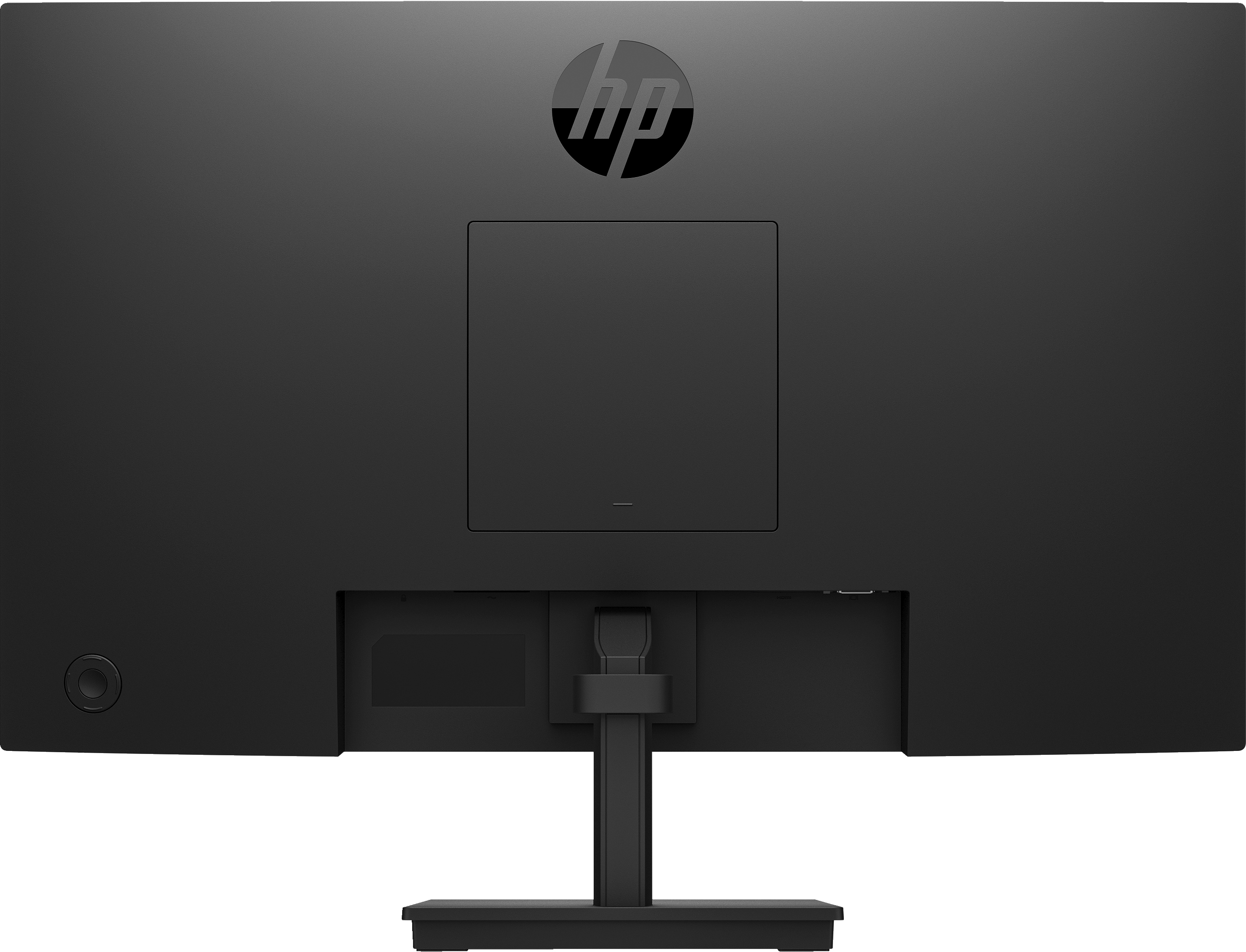Rückseite eines schwarzen HP-Monitors. Oben befindet sich das HP-Logo. Anschlüsse und Ständer sind sichtbar.