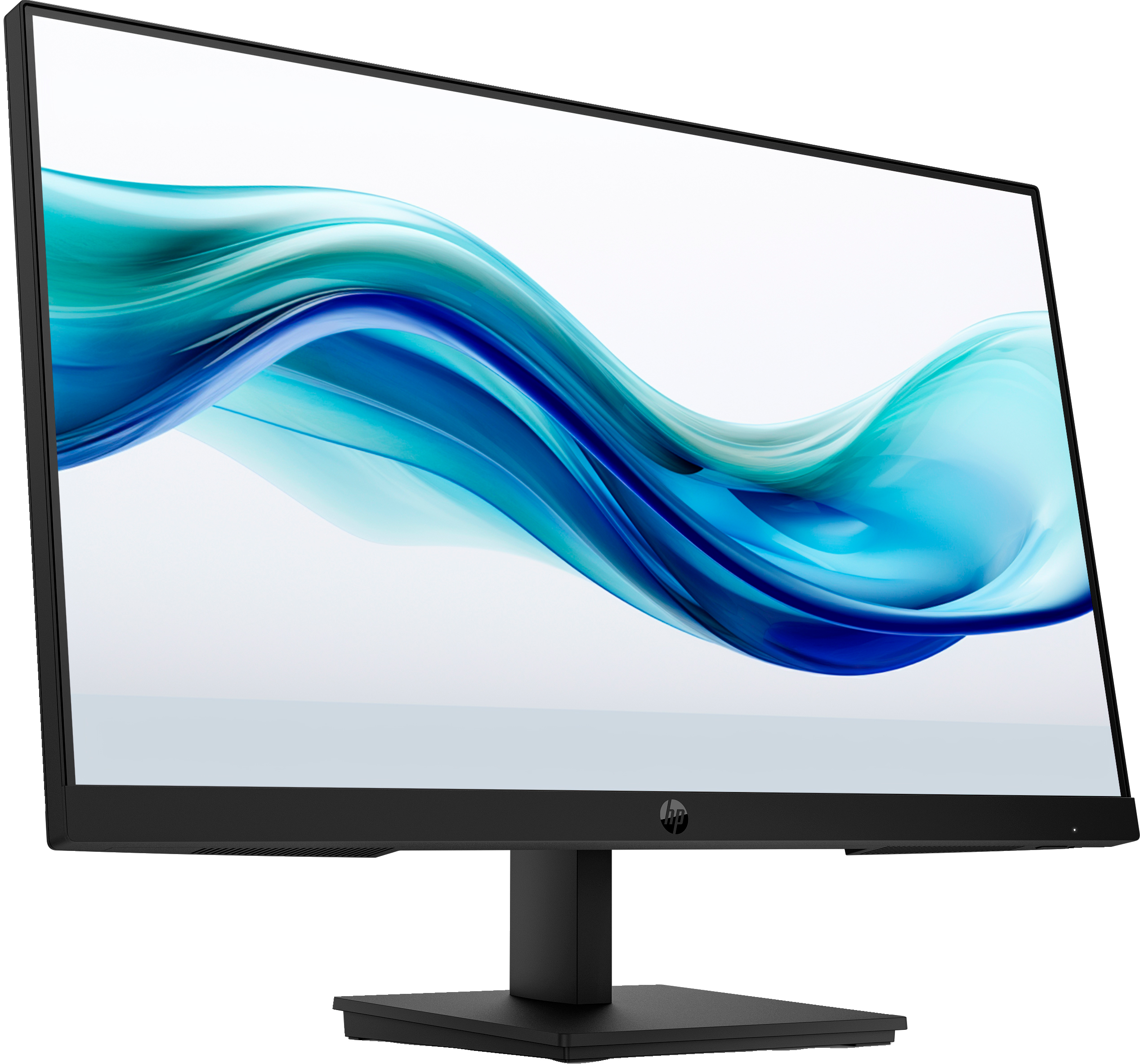 Ein schwarzer HP-Monitor zeigt abstrakte Kunst in Blau und Weiß. Der Monitor steht auf einem schwarzen Ständer.