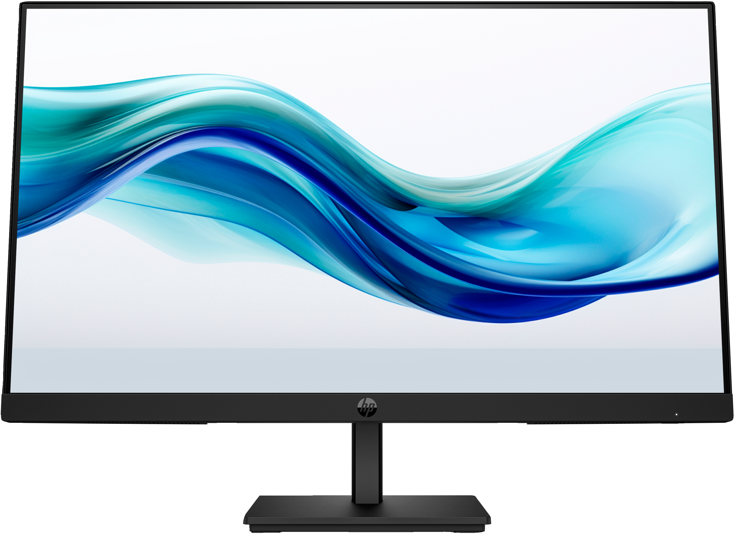 Ein HP-Monitor mit schwarzem Rahmen. Der Bildschirm zeigt abstrakte blaue und türkisfarbene Formen auf weißem Hintergrund.