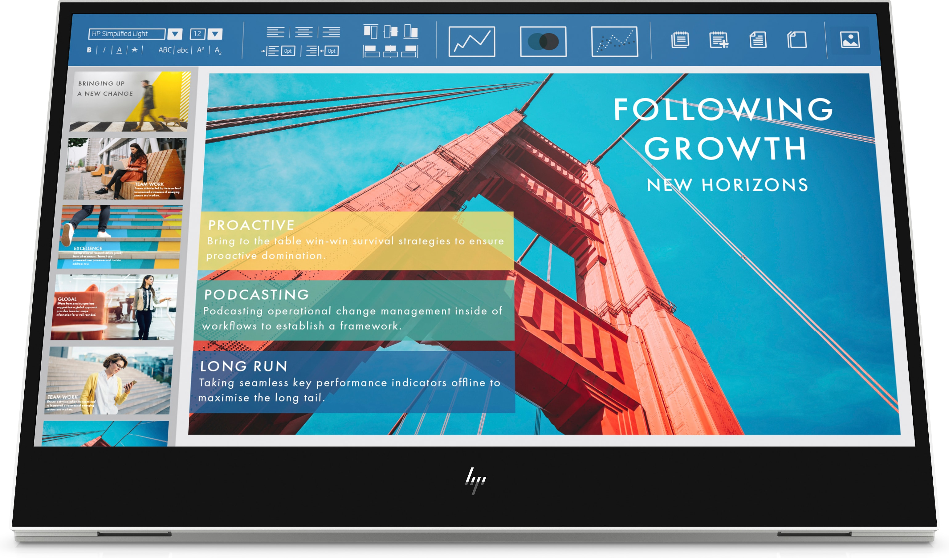 Laptop-Bildschirm zeigt eine Präsentation über Wachstum und Horizonte mit einem Brückenbild. Mehrere Abschnitte mit Text und Bildern.