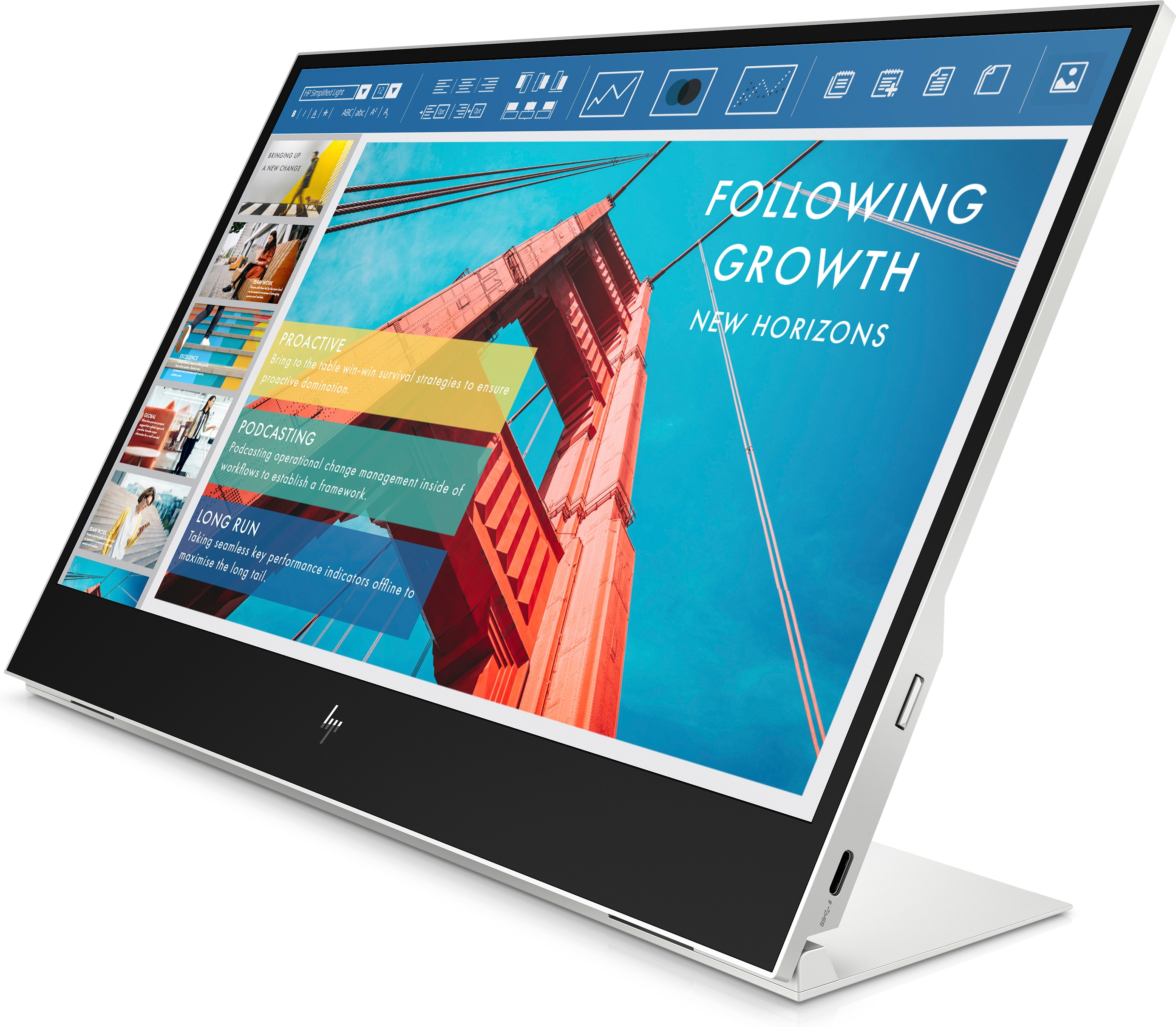 Ein Laptop-Bildschirm zeigt die Golden Gate Bridge mit Text. Der Laptop ist weiß und angewinkelt.