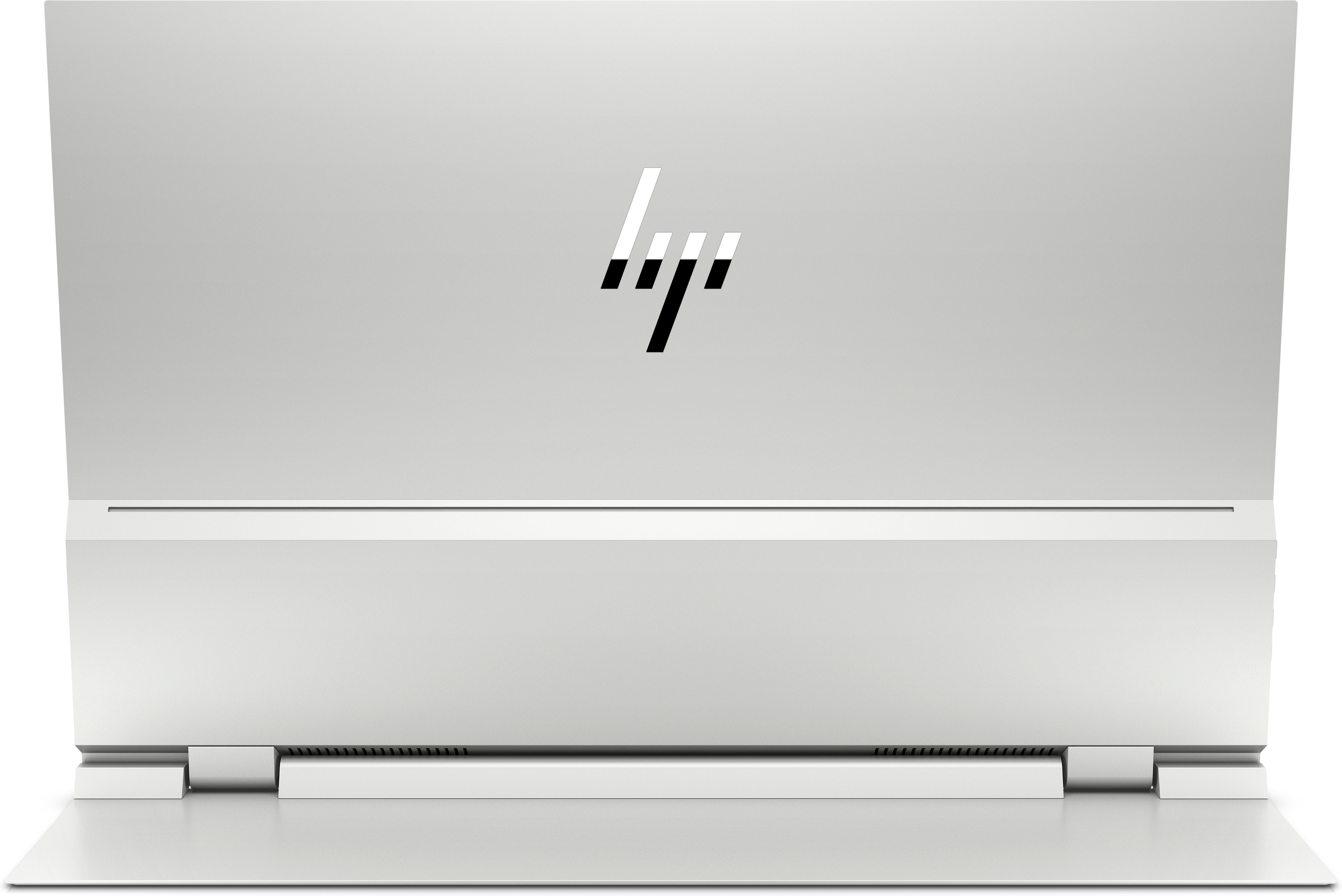 Ein hellgrauer Laptop ist geöffnet. Das HP-Logo ist schwarz-weiß in der Mitte. Das Scharnier ist unten.