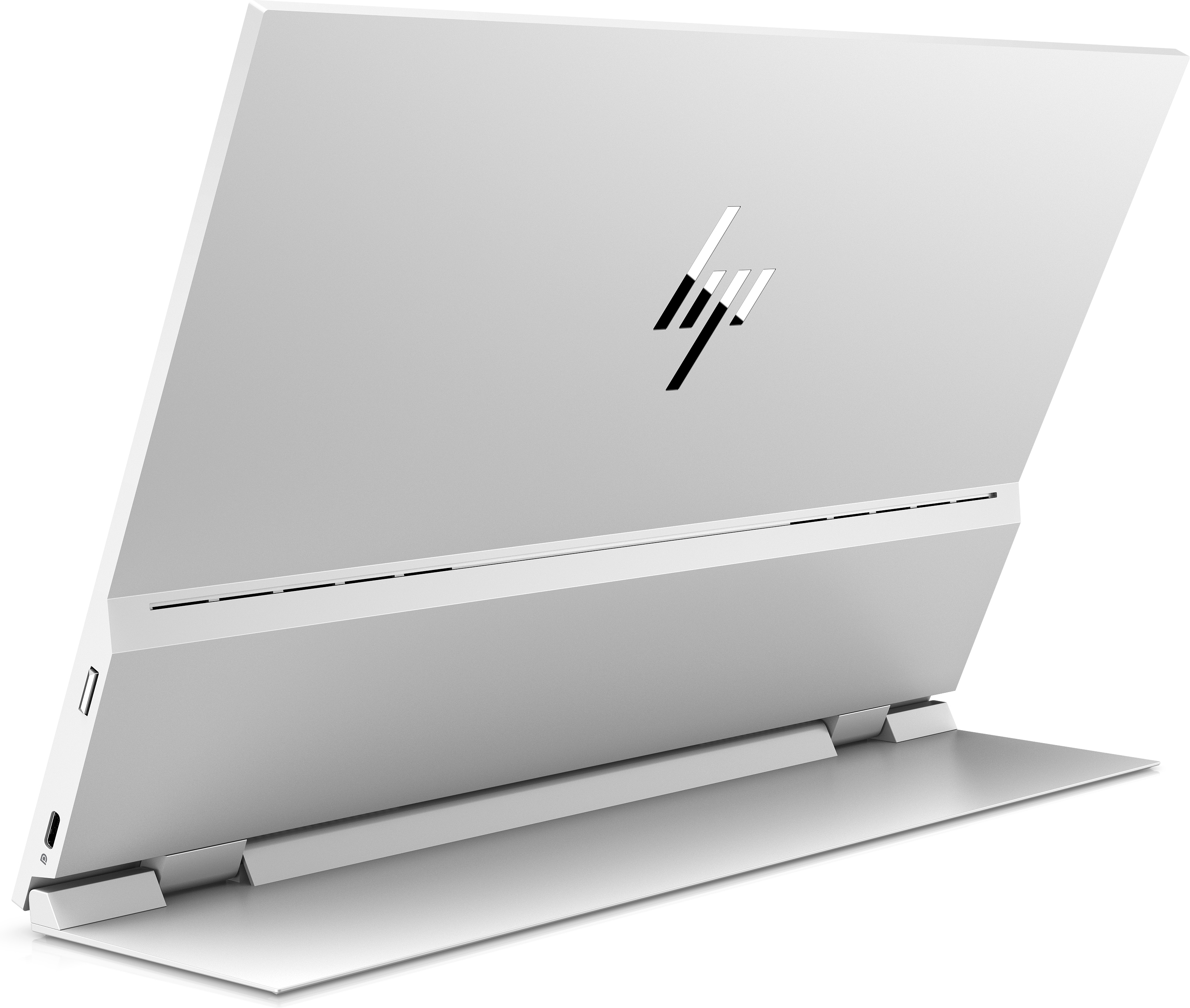 Ein silberner HP-Laptop ist geöffnet und zeigt den Bildschirm und die Basis. Das HP-Logo befindet sich auf dem Bildschirm.