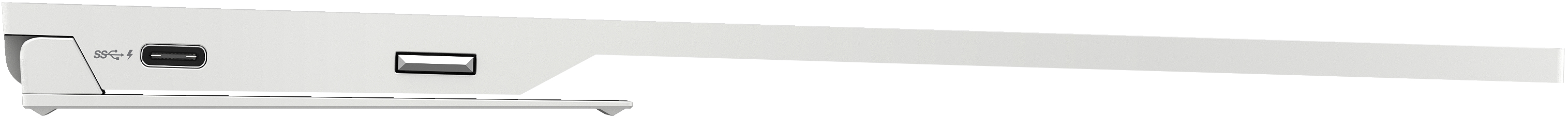 Ein weißes Gerät mit einem USB-C-Anschluss und einem weiteren rechteckigen Anschluss. Es hat ein schlankes Design.