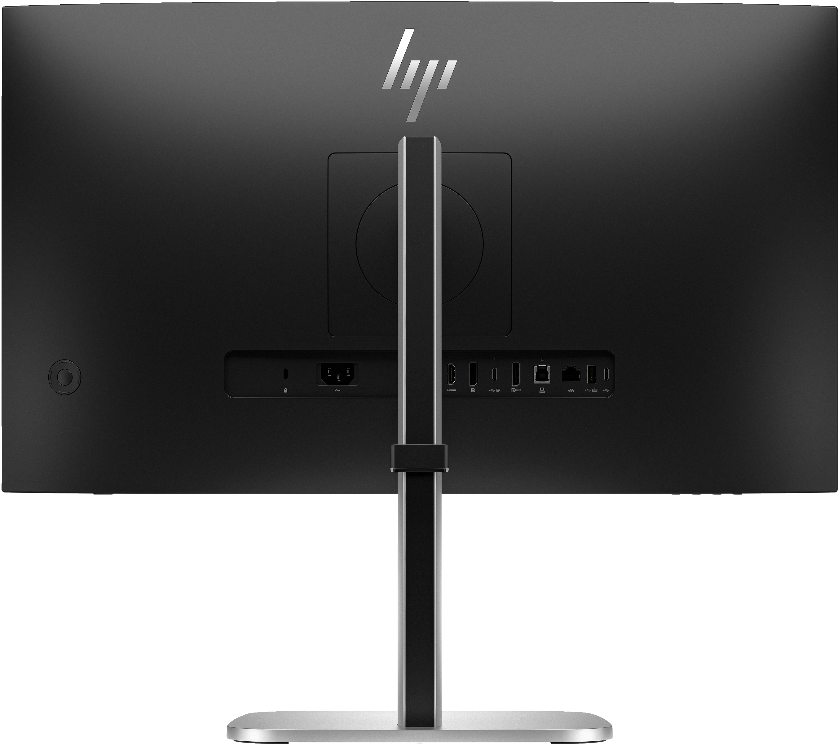 Rückseite eines schwarzen HP-Monitors mit silbernem Ständer. Anschlüsse sichtbar, HP-Logo oben.