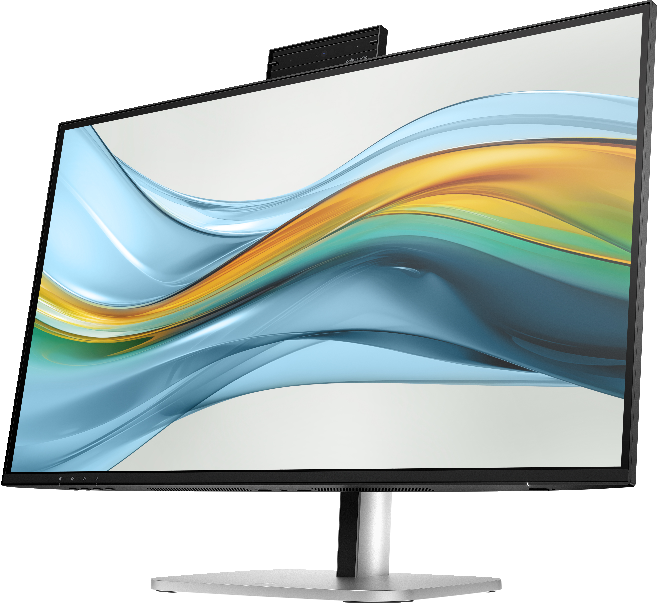 Ein Computermonitor mit gebogenem Bildschirm, der ein farbenfrohes abstraktes Design zeigt. Er hat eine Webcam oben und einen silbernen Ständer.
