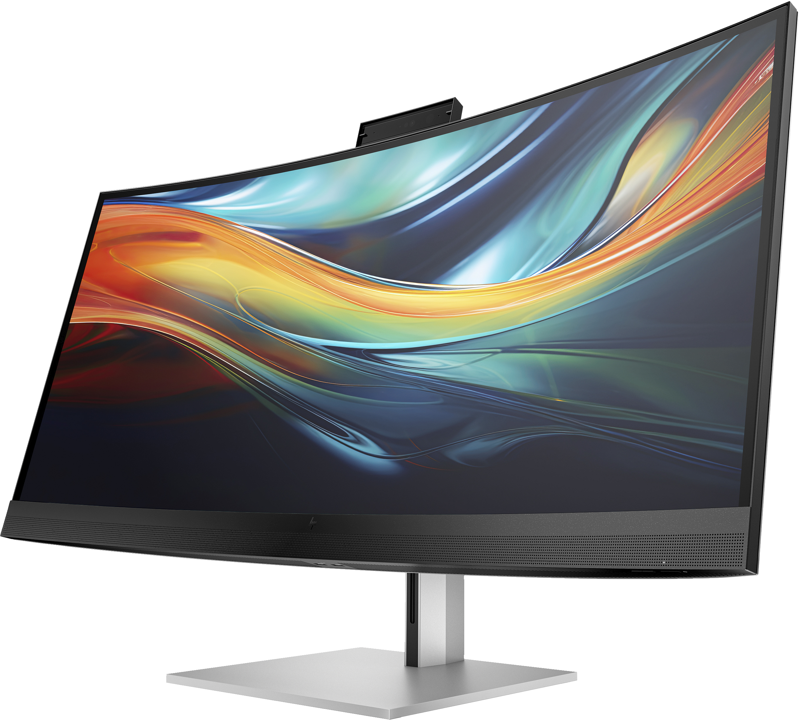 Ein geschwungener Monitor mit farbenfroher, abstrakter Anzeige, Webcam und silbernem Ständer vor schwarzem Hintergrund.