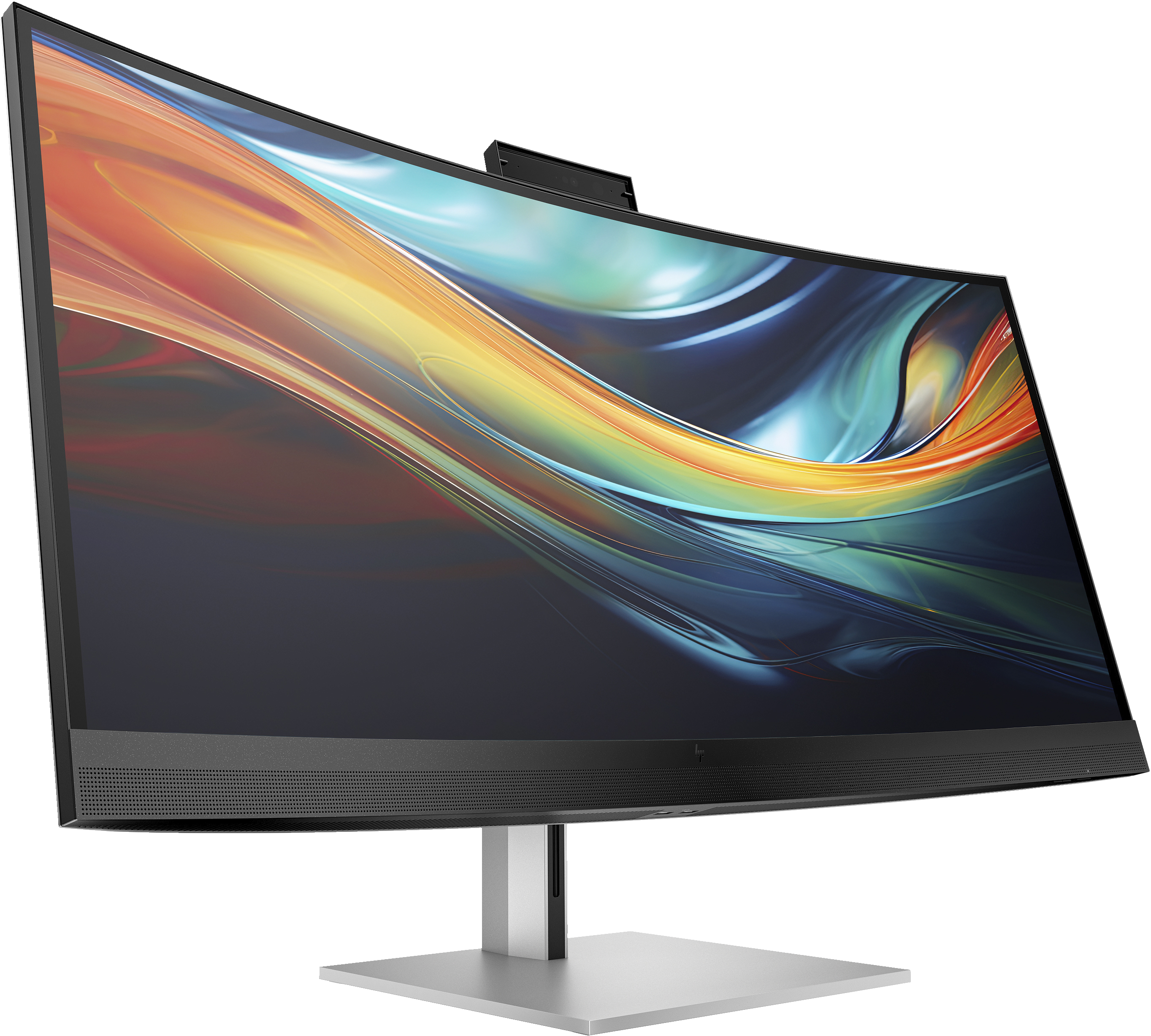 Gebogener Computermonitor mit farbenfrohem, abstrakten Bildschirm. Silberner Sockel und Ständer. Schwarzer Hintergrund.