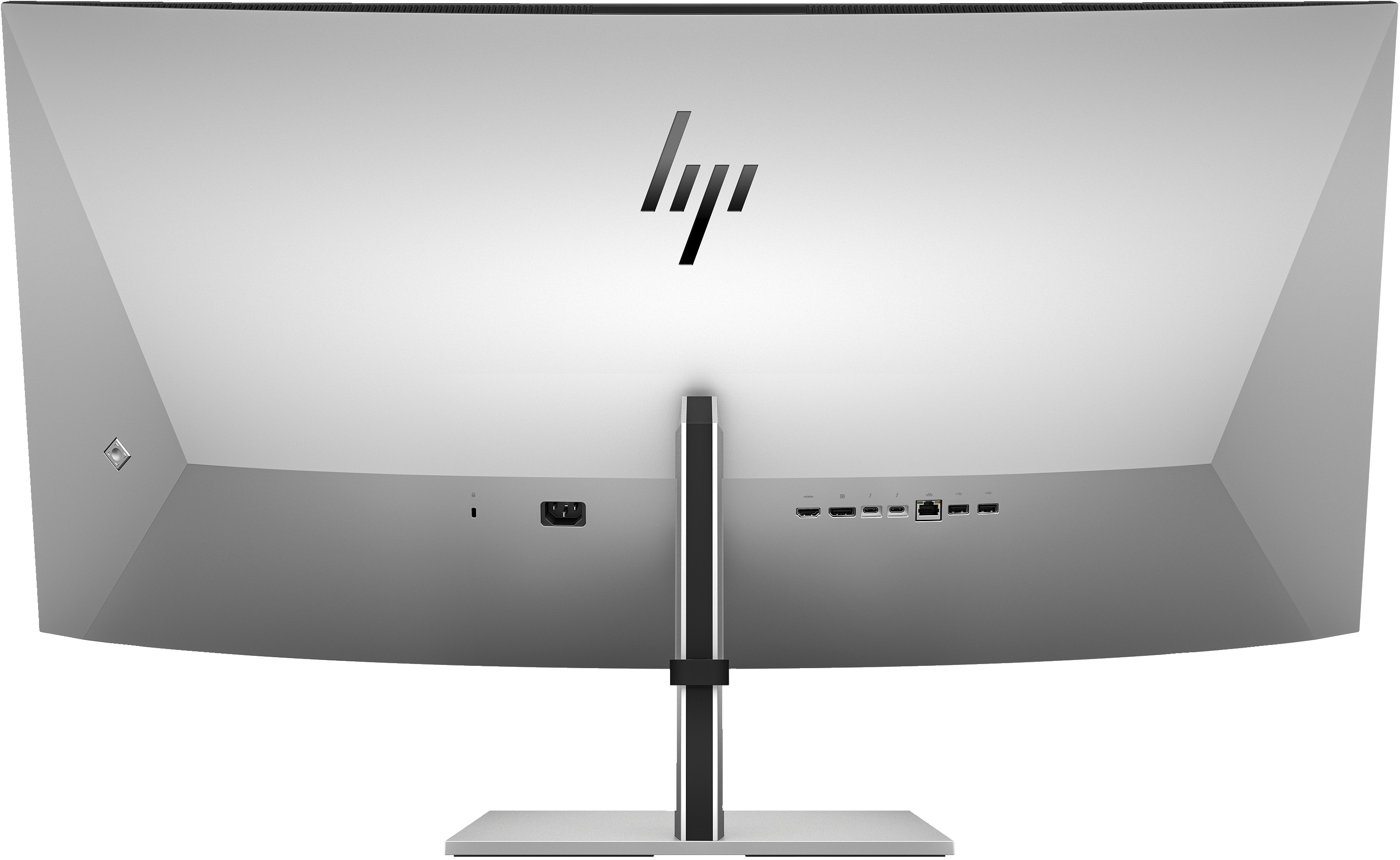 Rückansicht eines gebogenen HP-Monitors. Er ist hellgrau, mit dem schwarzen HP-Logo. Anschlüsse sind sichtbar. Der Ständer ist schwarz und silber.