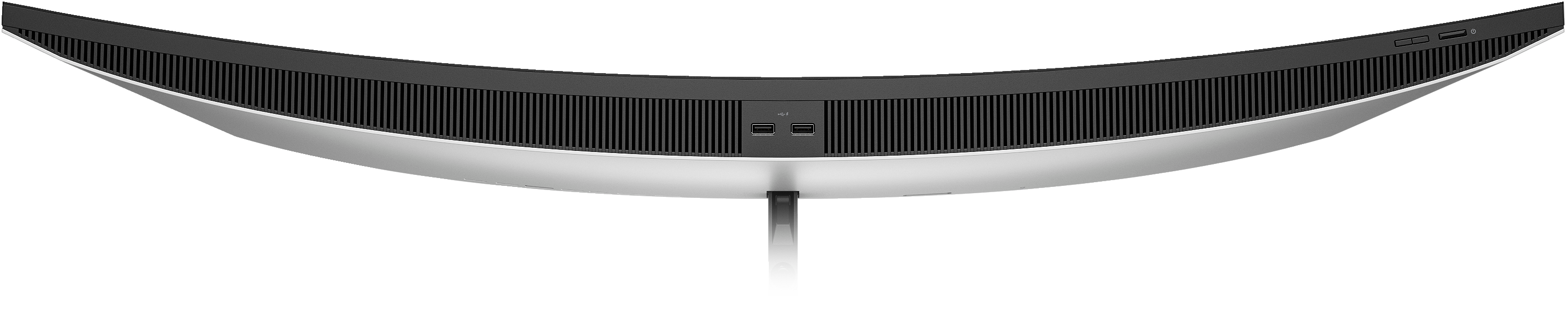 Ein gekrümmter Monitor, schwarze Oberseite mit Lüftungsschlitzen, silberne Basis und ein einzelner Ständer.