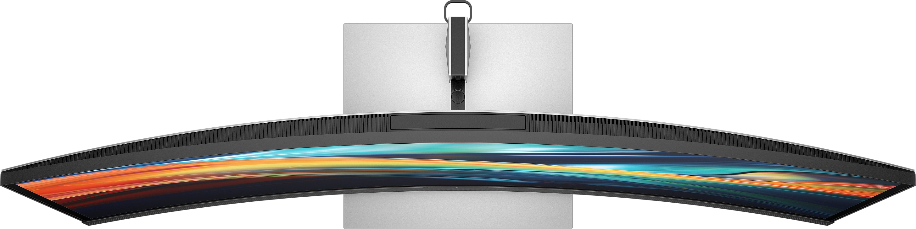 Gebogener Computermonitor, silberner Ständer, schwarzer Rahmen, farbenfrohe Anzeige. Draufsicht.