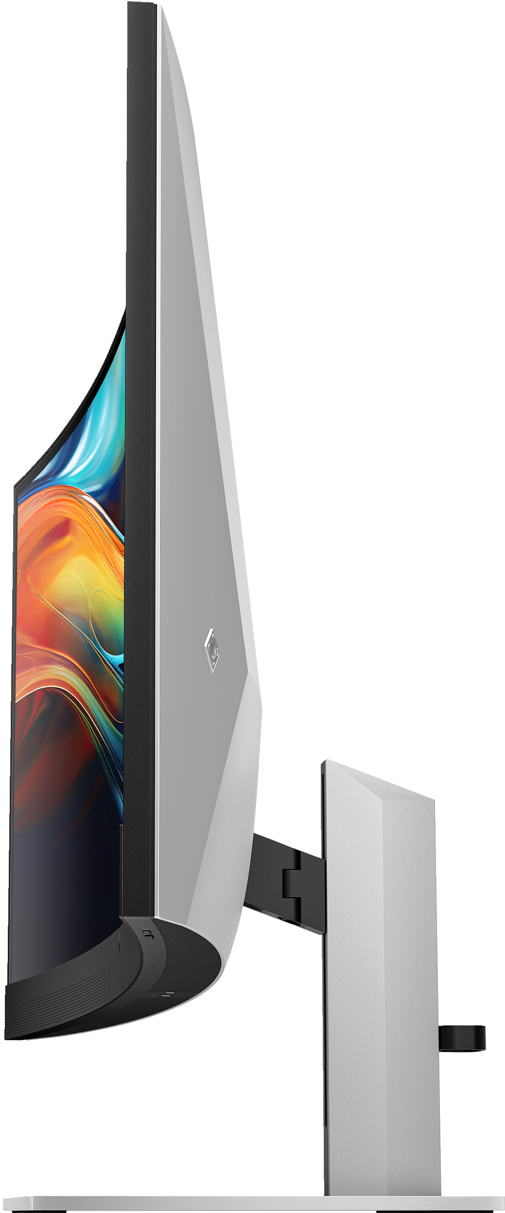 Ein gebogener Computermonitor. Der Bildschirm zeigt ein farbenfrohes Bild. Er ist silberfarben mit schwarzem Rahmen und Ständer.