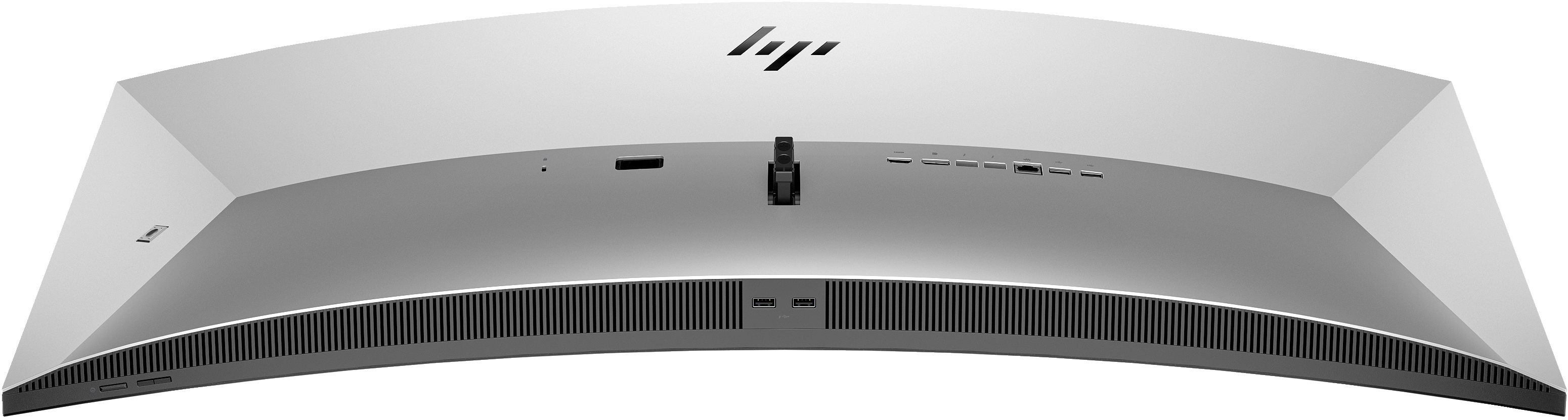 Rückansicht eines gebogenen Monitors mit HP-Logo. Er hat mehrere Anschlüsse und ein Lüftungsgitter.