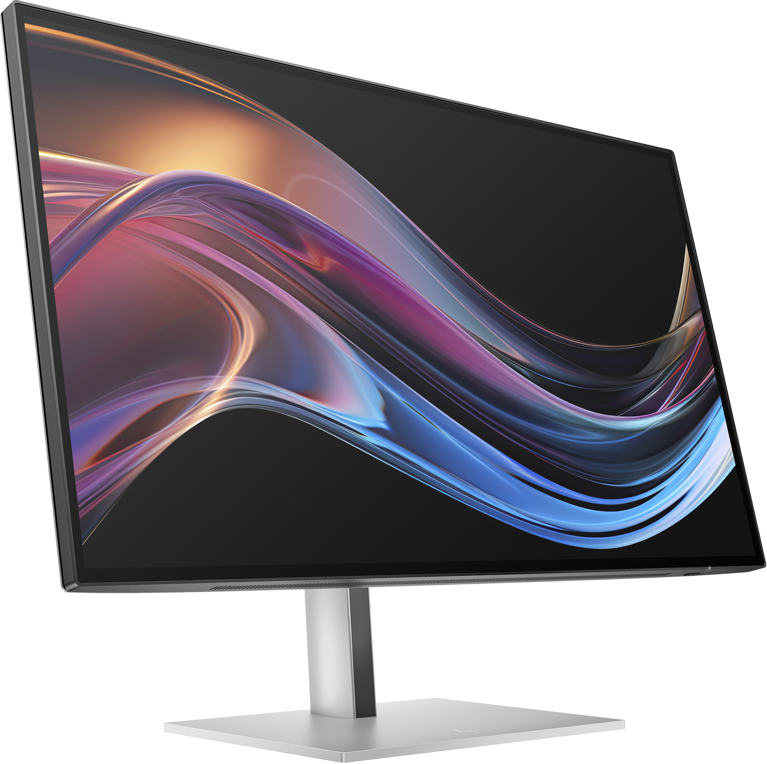 Ein silberner Computermonitor mit schwarzem Rahmen. Der Bildschirm zeigt ein farbenfrohes abstraktes Design. Er steht auf einem silbernen Ständer.