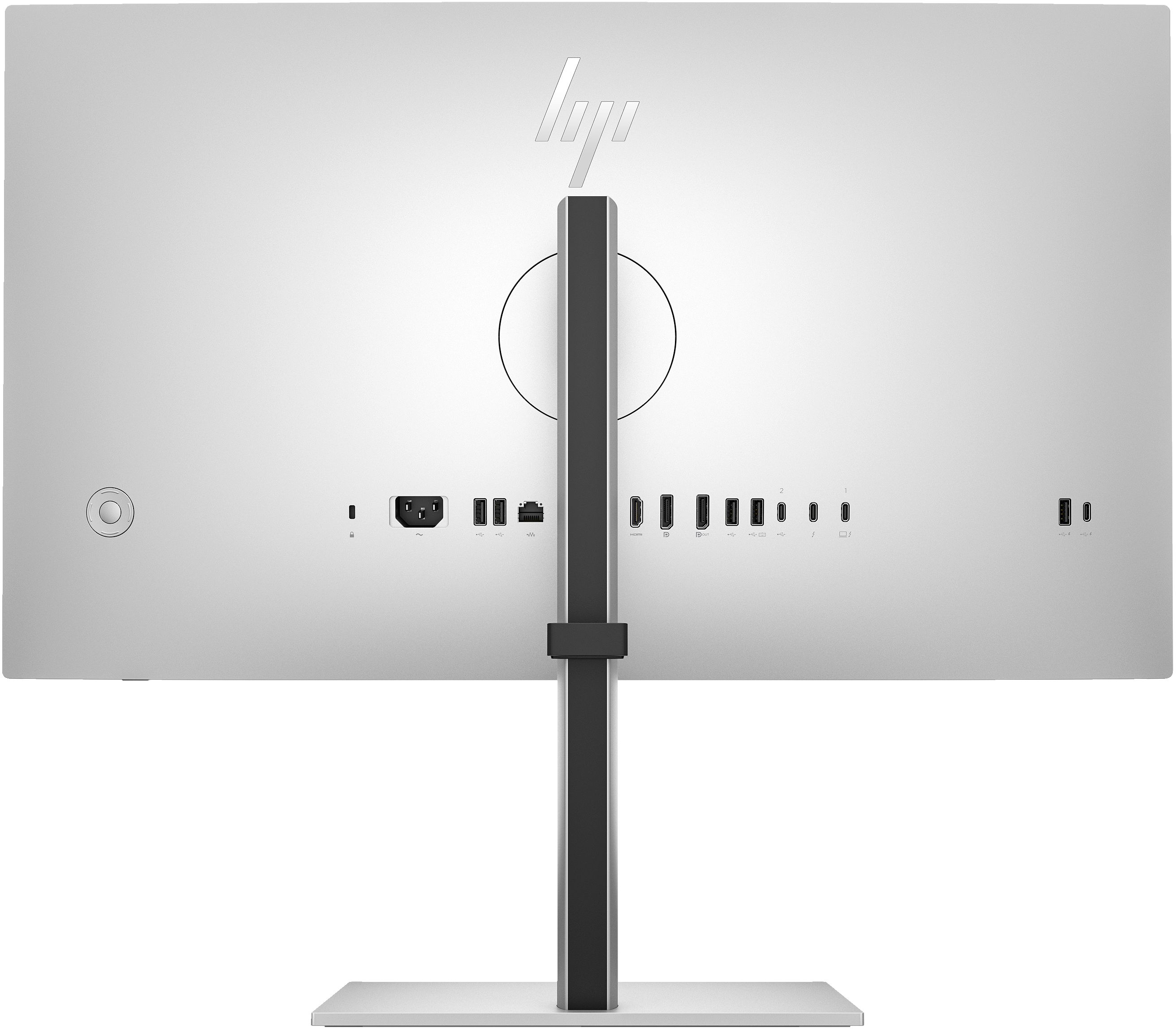 Rückseite eines silbernen Computermonitors mit Anschlüssen und einem Ständer. HP-Logo oben.