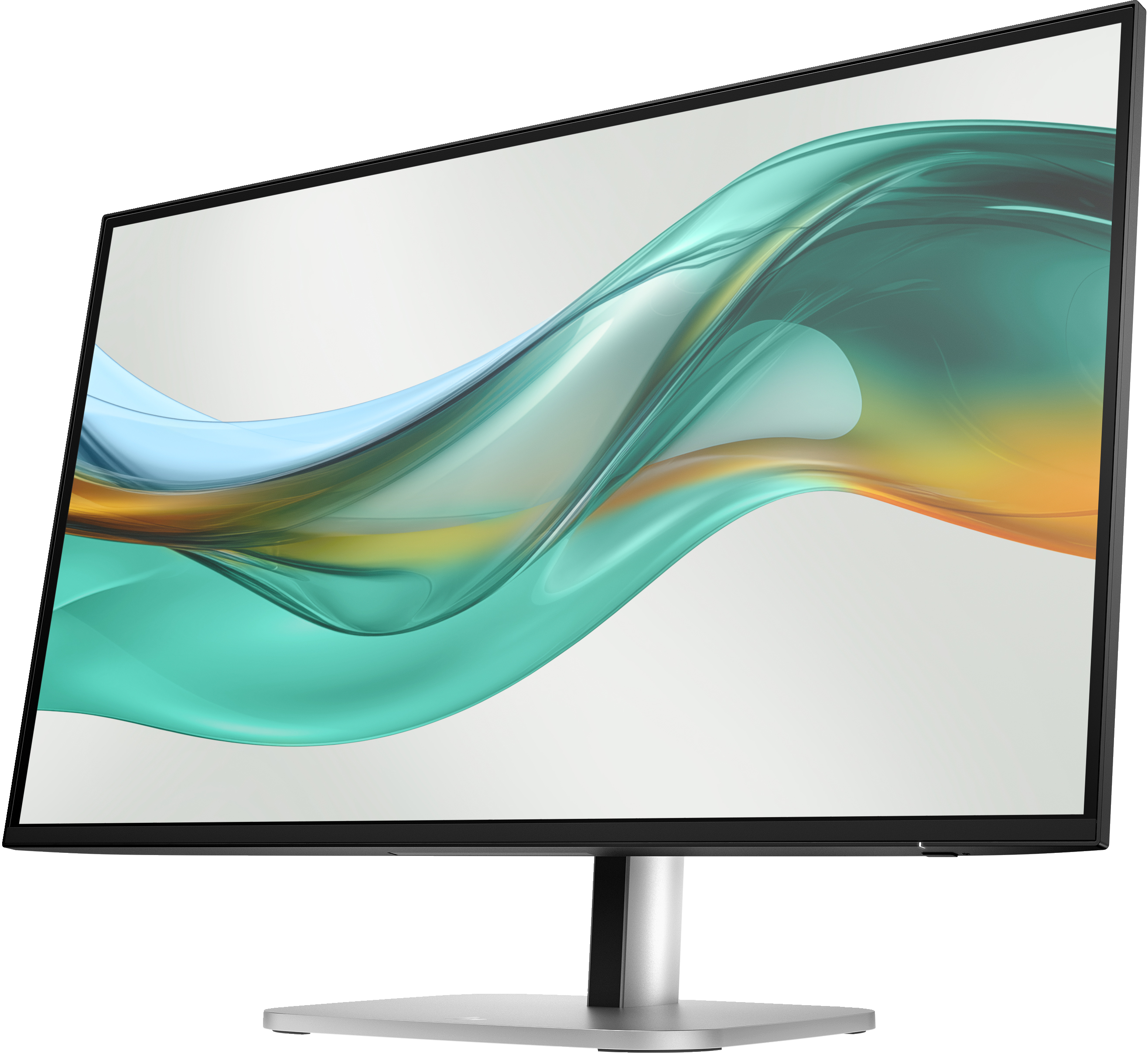 Ein Computermonitor mit schwarzem Rahmen zeigt ein fließendes abstraktes Design aus Blau, Grün und Gelb auf weißem Hintergrund.
