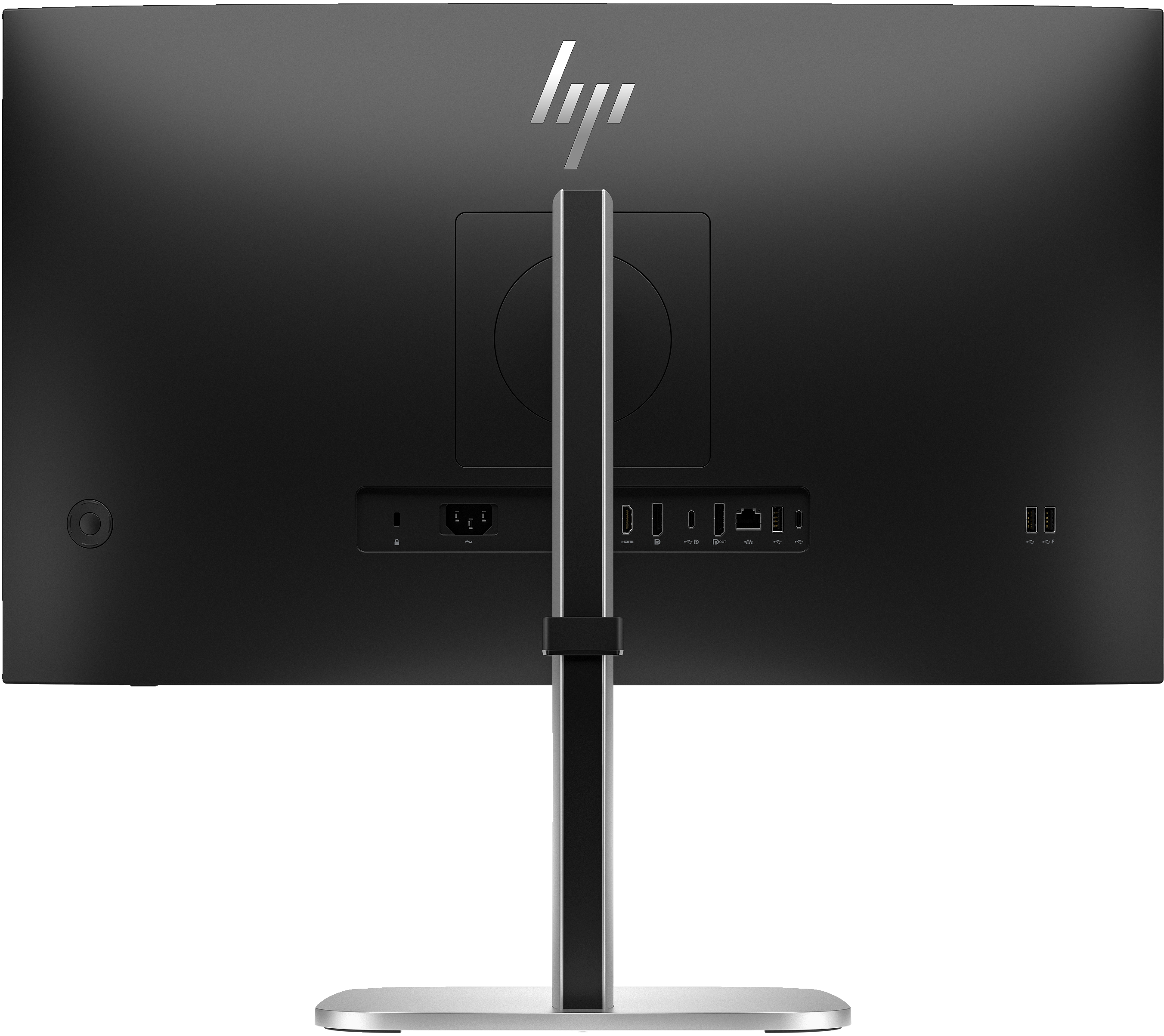 Rückseite eines schwarzen HP-Monitors mit Anschlüssen und Ständer. HP-Logo oben. Strom-, HDMI-, USB-Anschlüsse sind sichtbar.