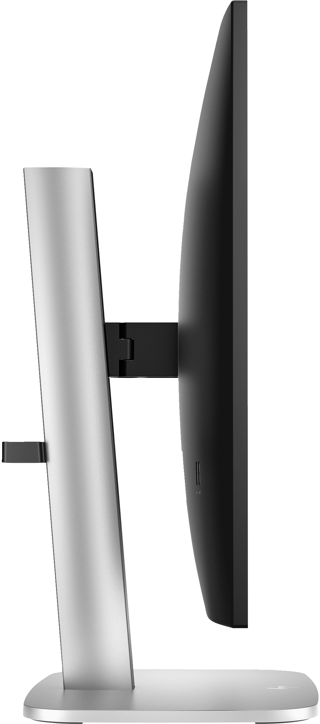 Seitenansicht eines silbernen Computermonitors. Der Bildschirm ist schwarz, der Ständer ist silberfarben. Der Monitor steht auf weißem Hintergrund.