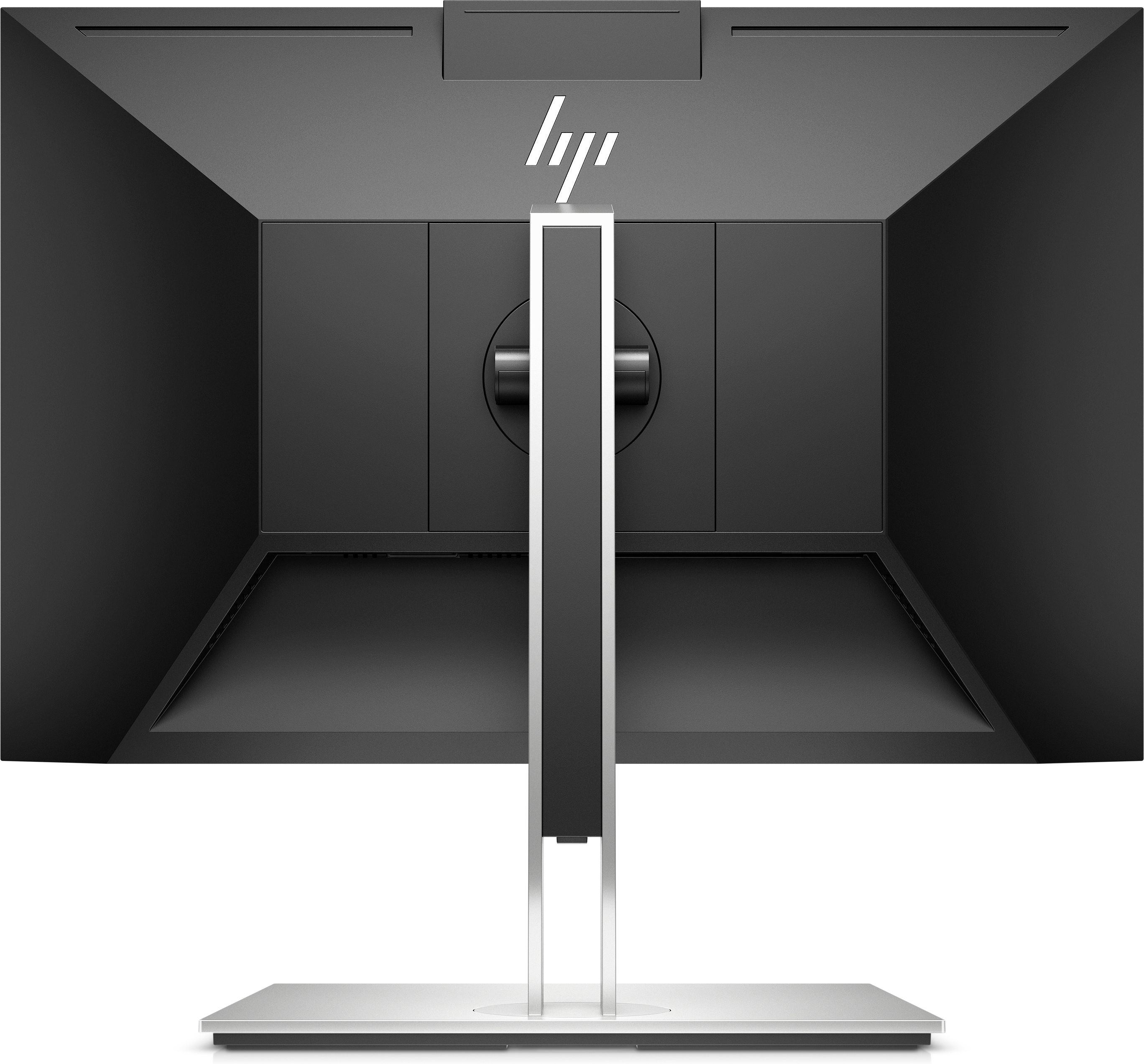 Rückseite eines schwarzen Computermonitors mit silbernem Ständer und HP-Logo.