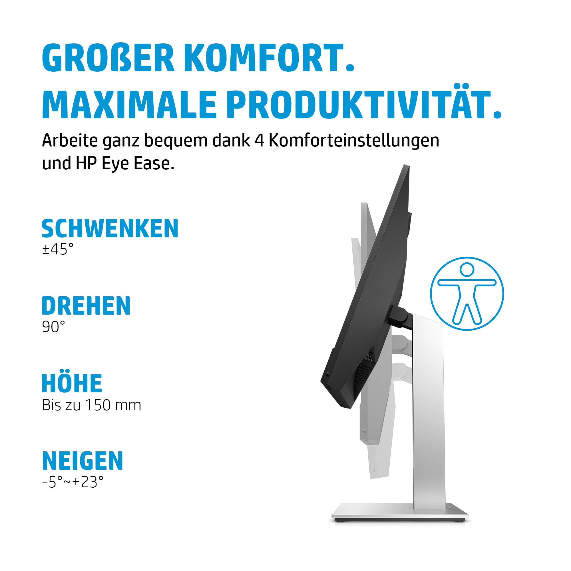 Ein verstellbarer Computermonitor mit Neigungs-, Schwenk-, Höhen- und Rotationsfunktionen. Text beschreibt die Eigenschaften.