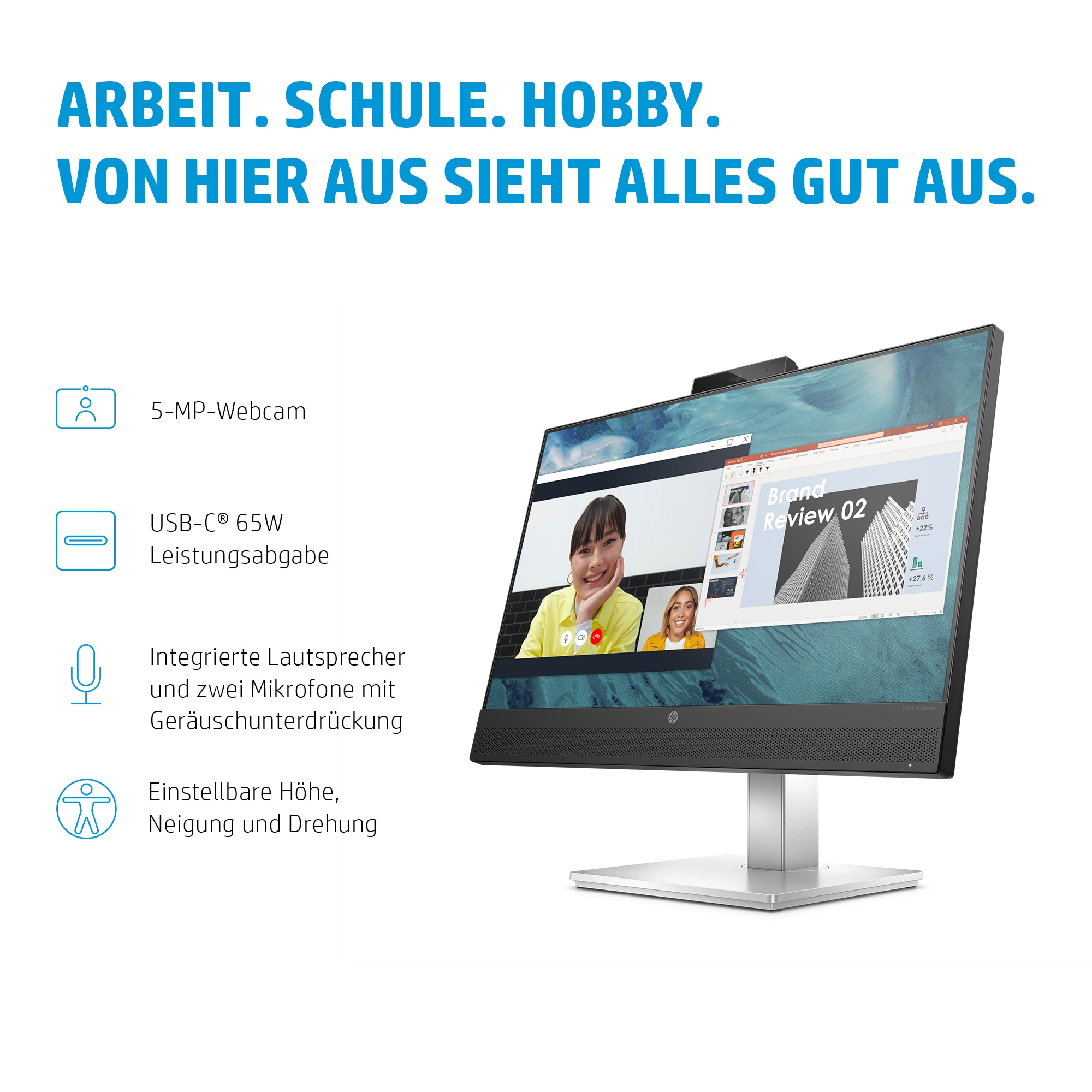 HP-Monitor zeigt Videoanruf und Präsentation, mit Webcam, Lautsprechern und höhenverstellbar.