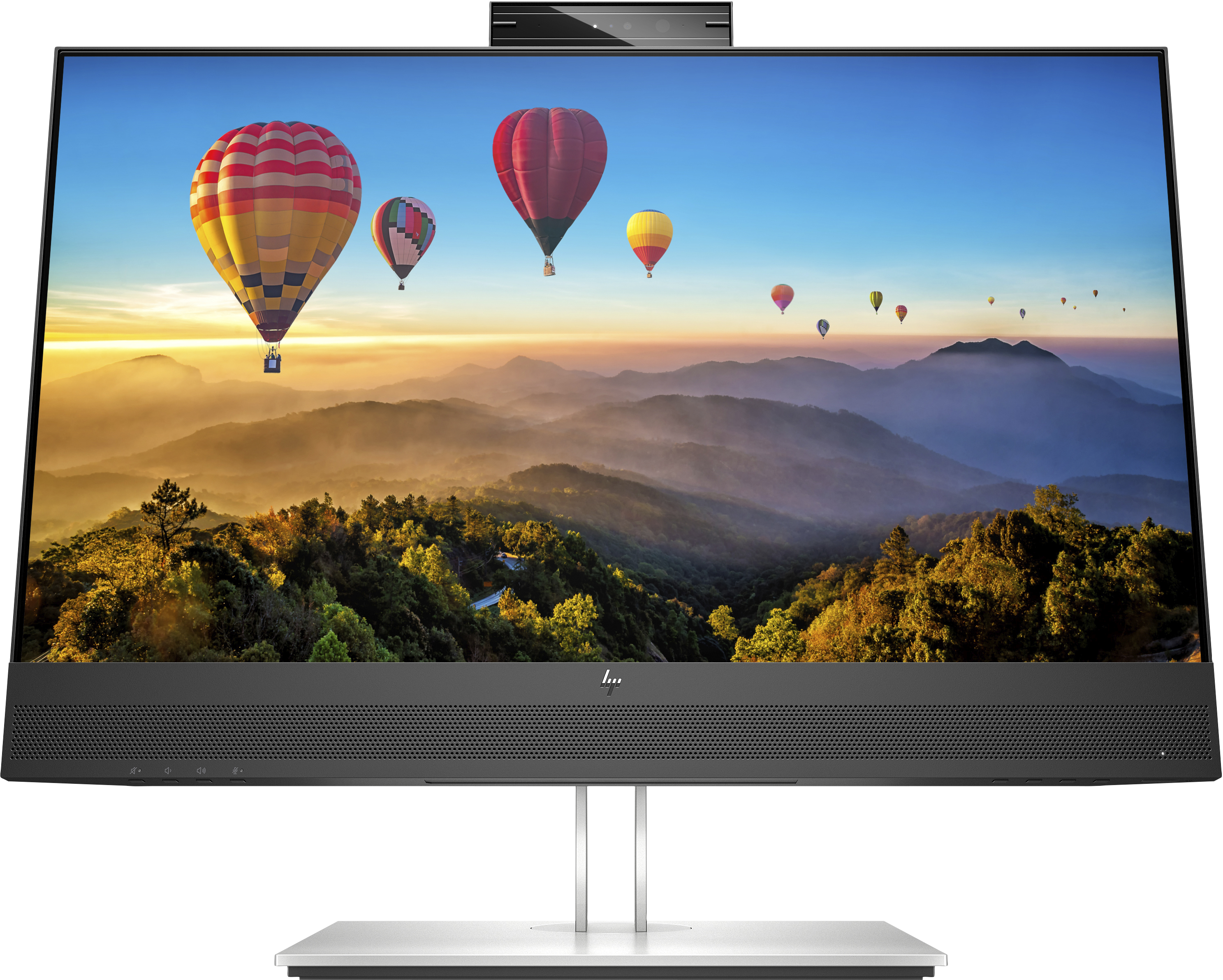 Ein Computermonitor zeigt eine Landschaft mit Heißluftballons. Der Monitor steht auf einem Ständer.