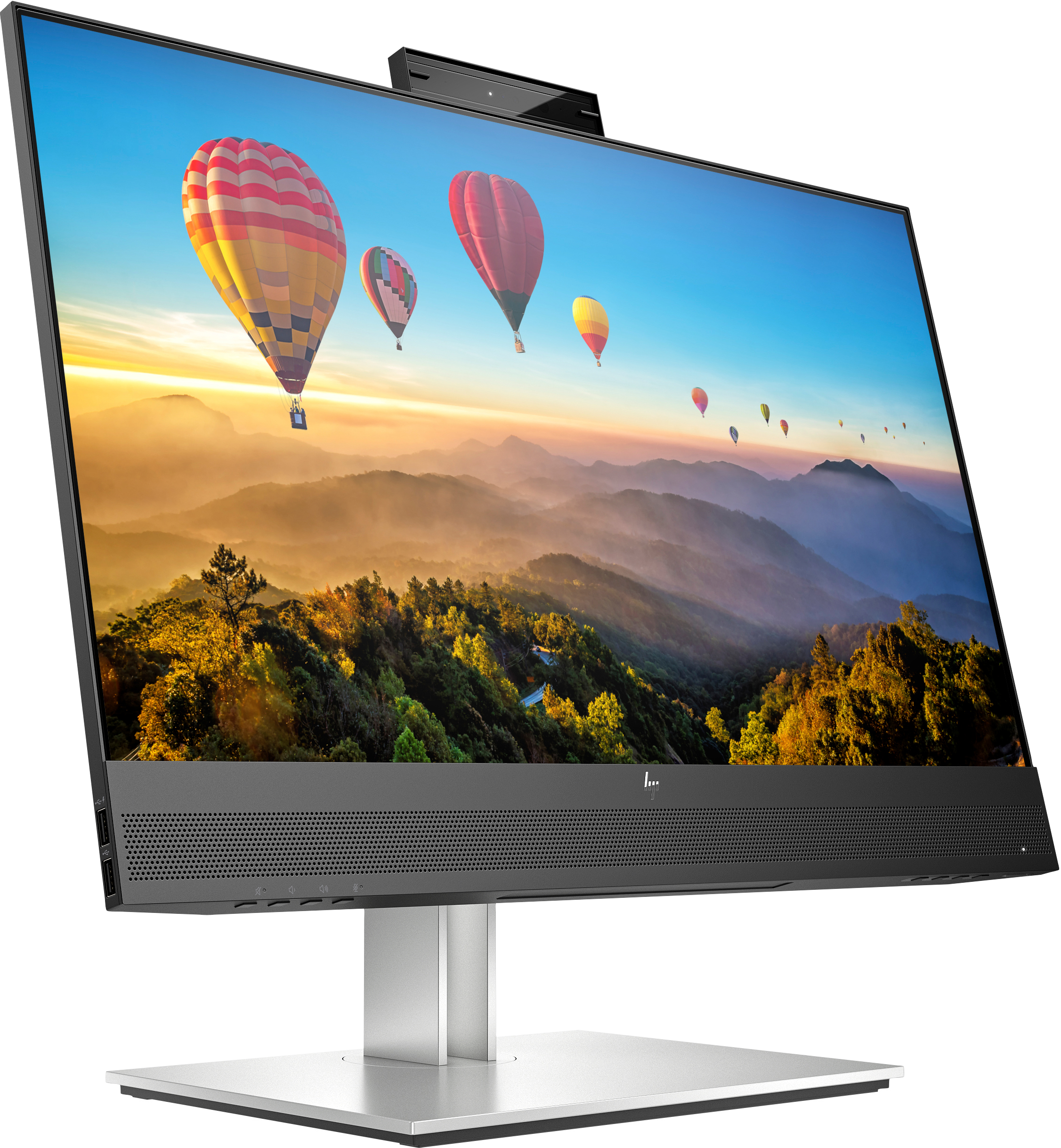Ein HP-All-in-One-Computer zeigt eine Szene mit Heißluftballons über Bergen. Er hat oben eine schwarze Webcam.