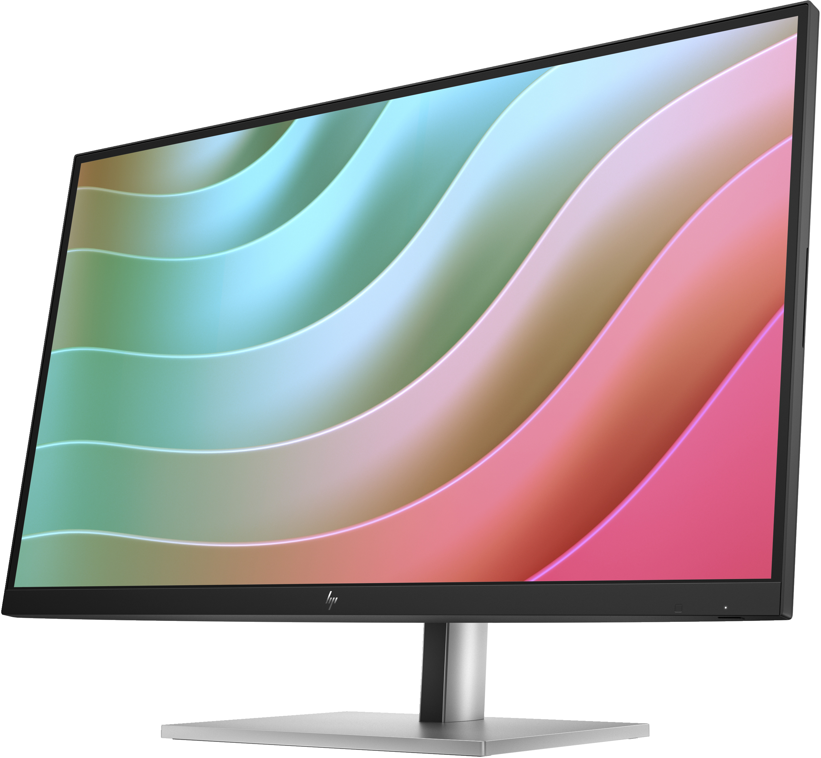 Ein HP-Monitor mit einem farbenfrohen abstrakten Hintergrund, schwarzem Rahmen und silbernem Ständer. HP-Logo.