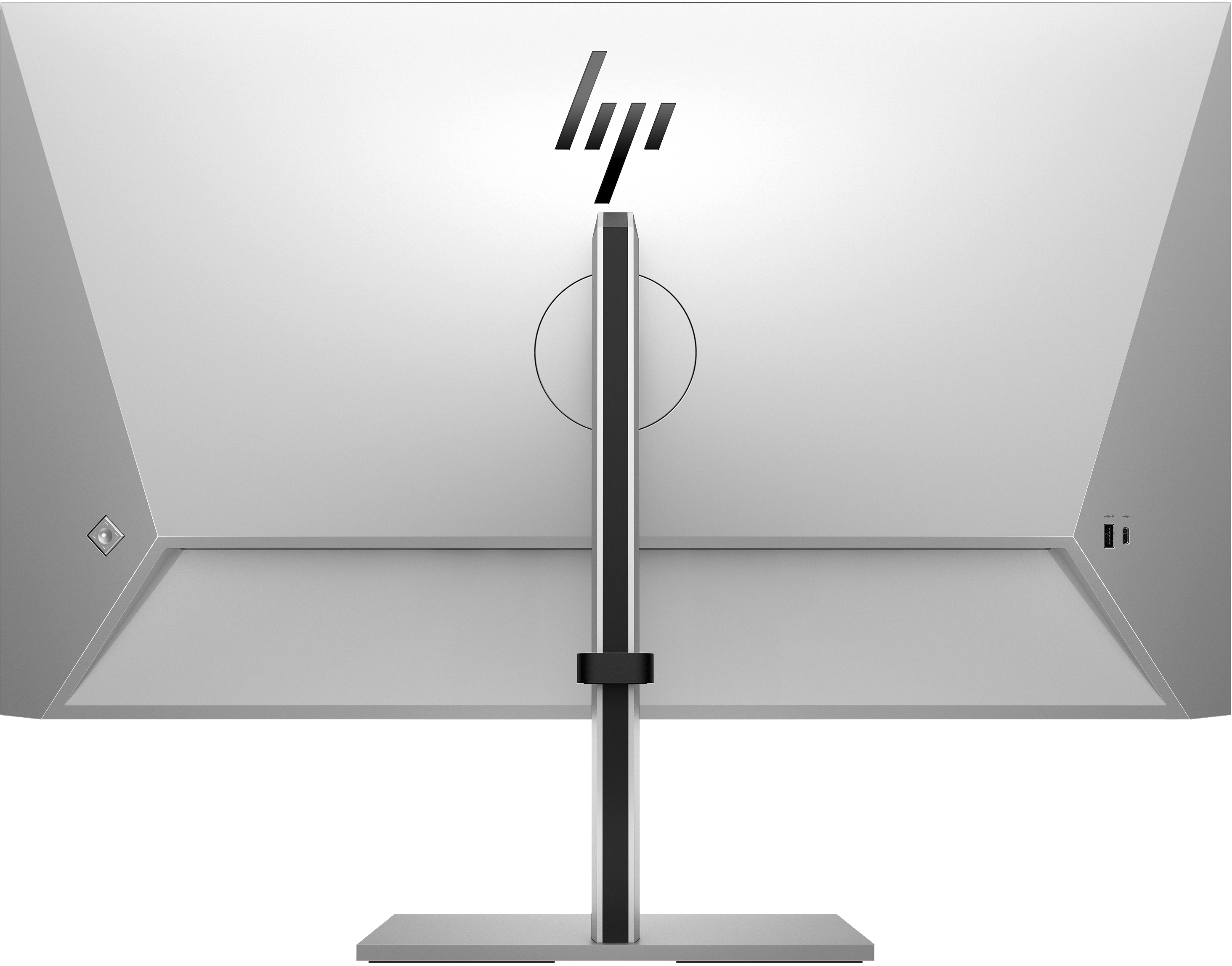Rückseite eines silbernen Computermonitors. HP-Logo oben. Anschlüsse rechts. Schwarzer Ständer.