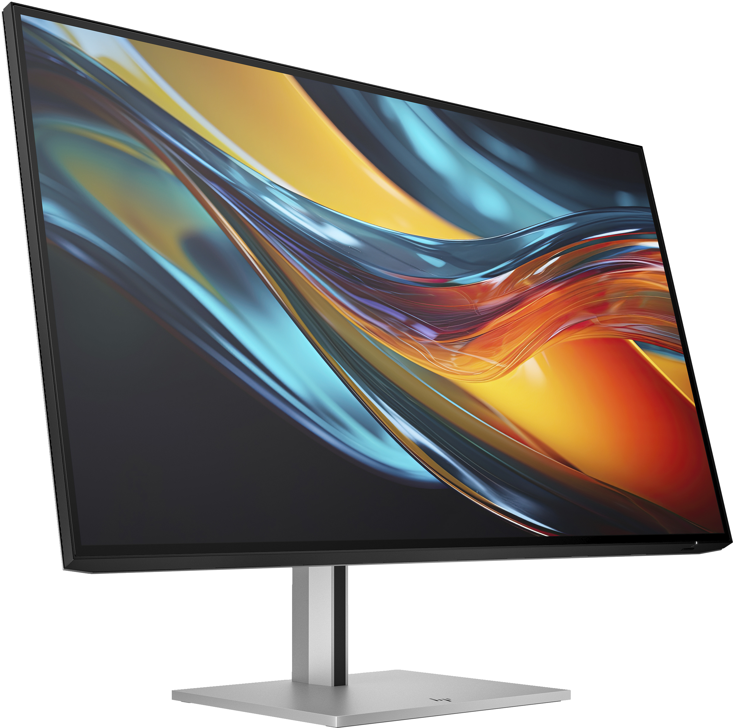 Ein Computermonitor mit einer farbenfrohen, abstrakten Anzeige. Der Monitor ist silberfarben mit schwarzem Rahmen.