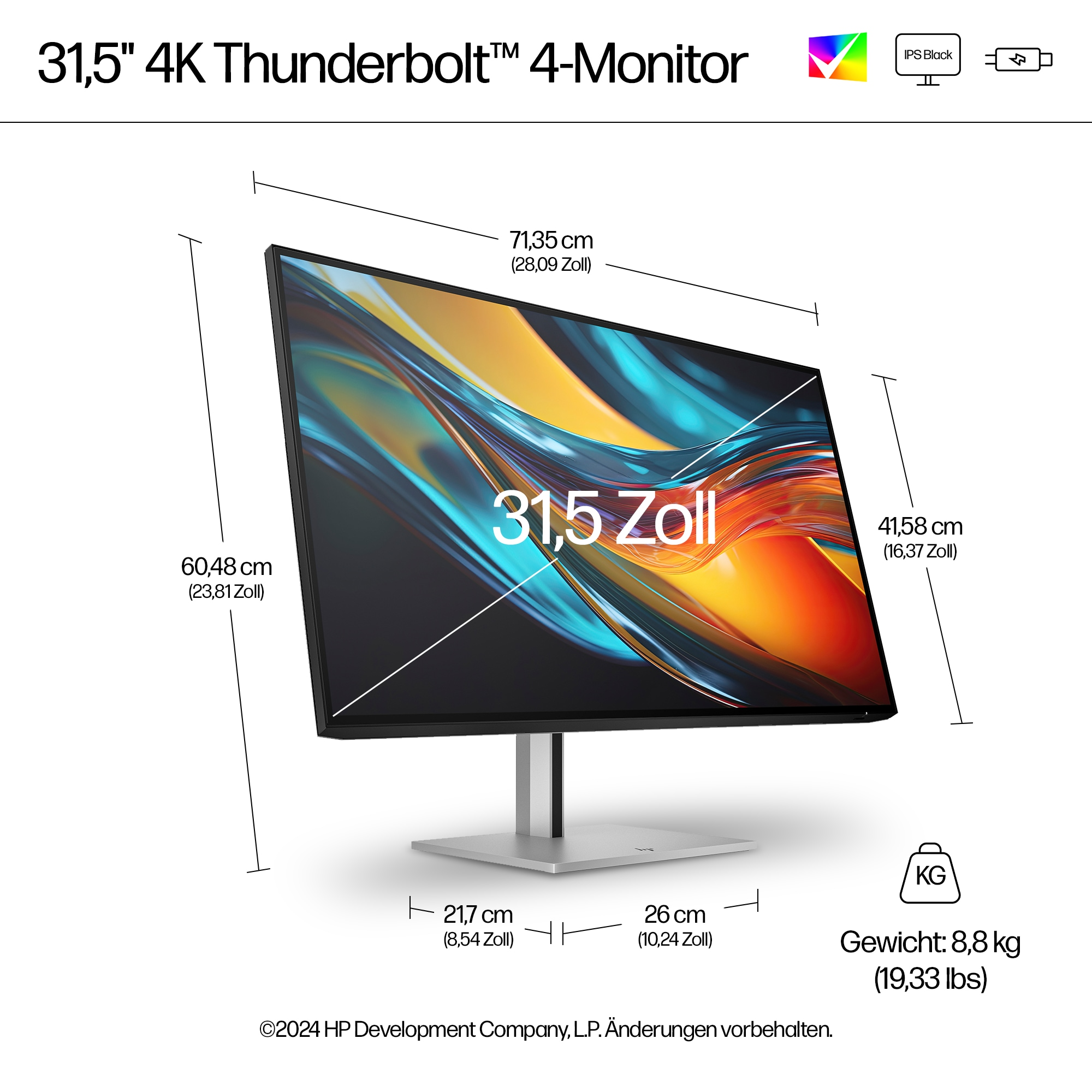 Ein 31,5-Zoll-4K-Monitor mit Maßen. Er hat einen schwarzen Rahmen, einen silbernen Ständer und eine lebendige Bildschirmanzeige.