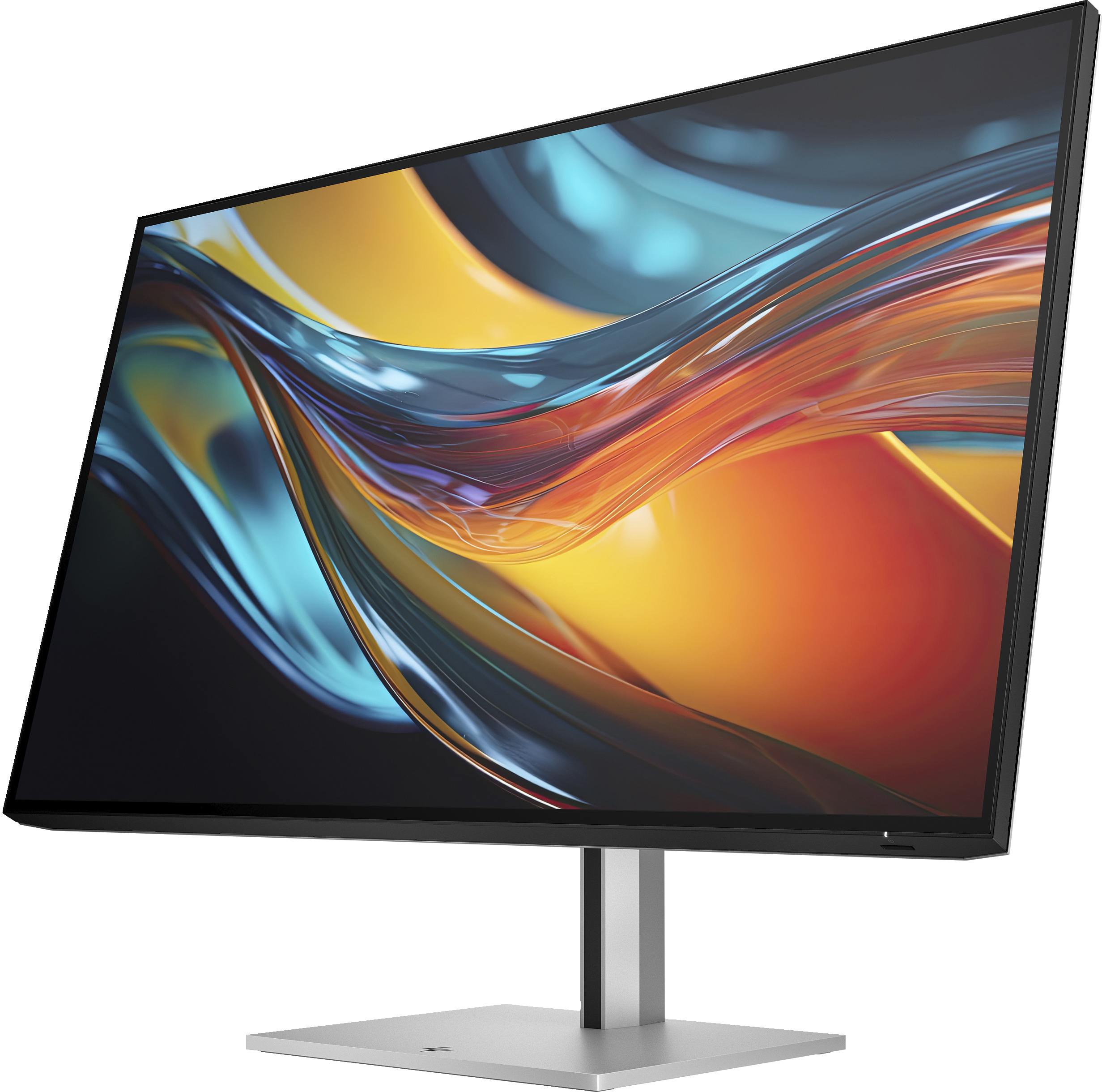 Ein Computermonitor mit farbenfroher abstrakter Anzeige. Er hat einen silbernen Ständer und einen schwarzen Rahmen.