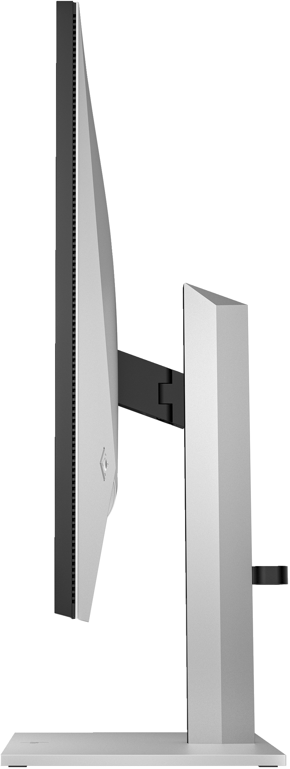 Seitenansicht eines silbernen Computermonitors. Der Bildschirm ist schwarz. Der Ständer ist silber und schwarz.