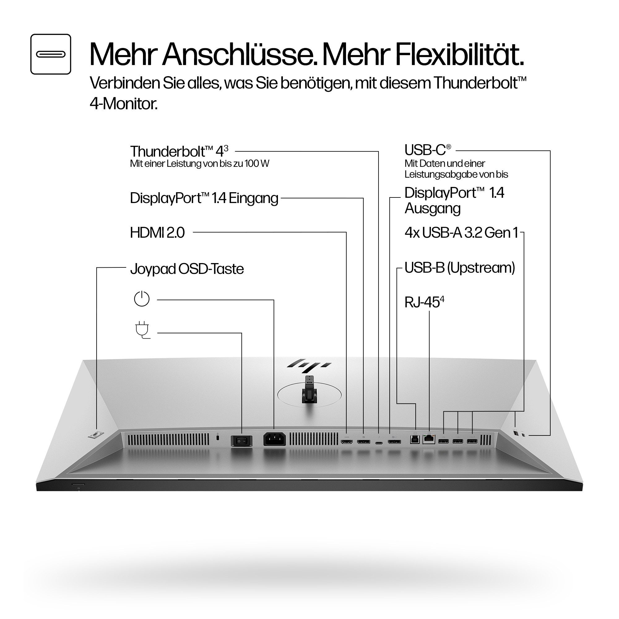 Rückansicht eines Monitors mit Anschlüssen für Thunderbolt, USB, DisplayPort, HDMI und RJ45, mit Beschriftungen.