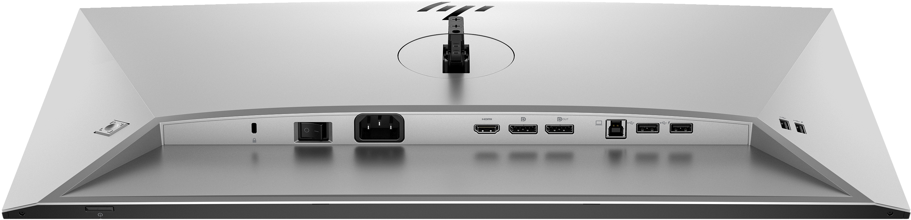 Rückseite eines Monitors mit Eingängen. Ein/Aus-Taste, Stromanschluss, HDMI, DisplayPort, USB-Anschlüsse und ein Ständer. Weiß und grau.