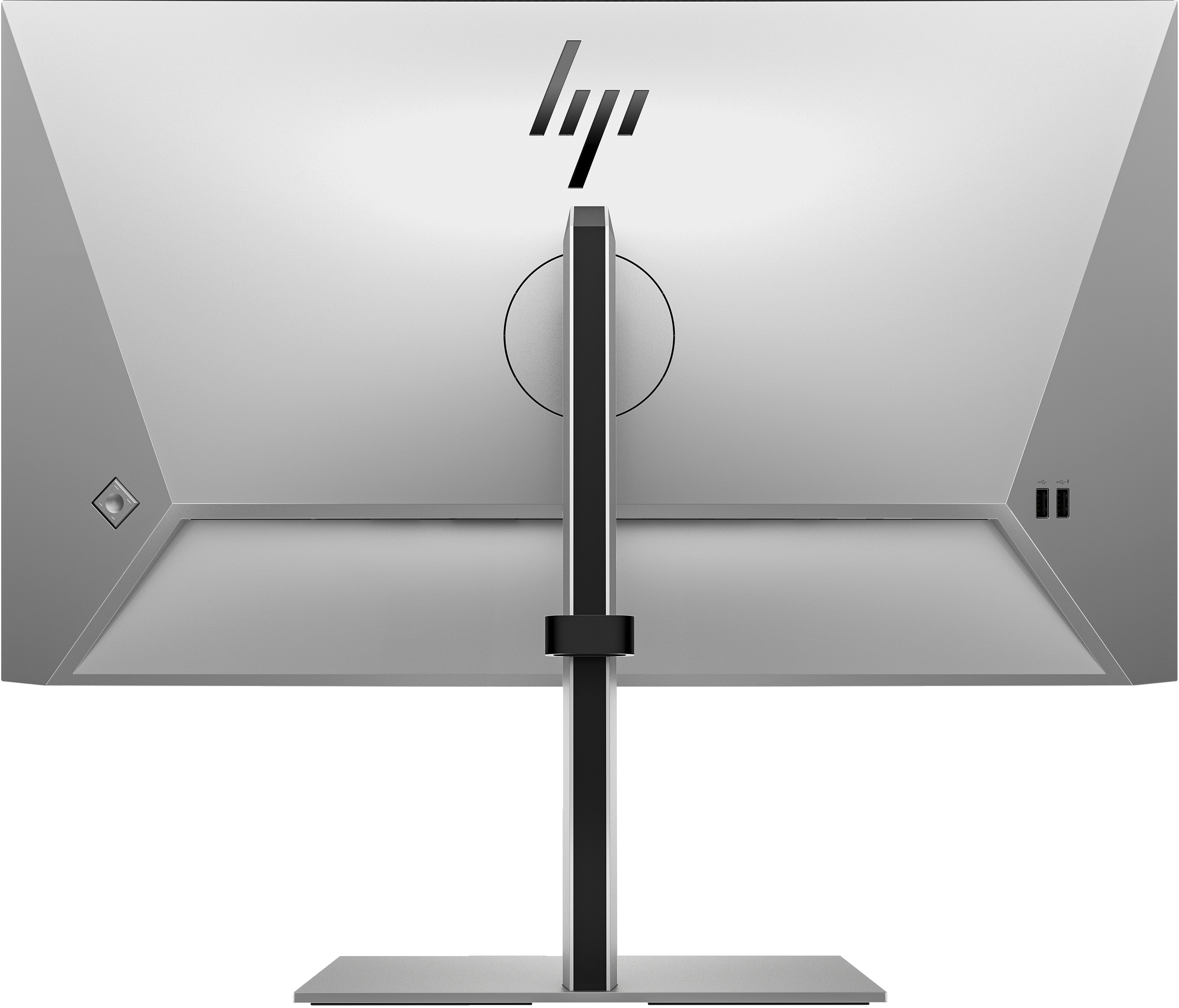 Rückansicht eines silbernen Monitors. Ein HP-Logo oben. Ein schwarzer Ständer hält den Monitor.