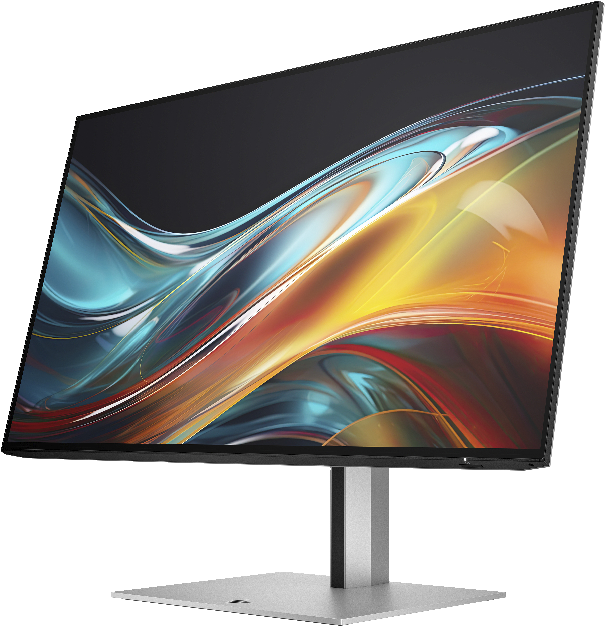 Ein moderner Computermonitor mit schwarzem Rahmen. Der Bildschirm zeigt ein farbenfrohes abstraktes Design. Der Ständer ist silberfarben.
