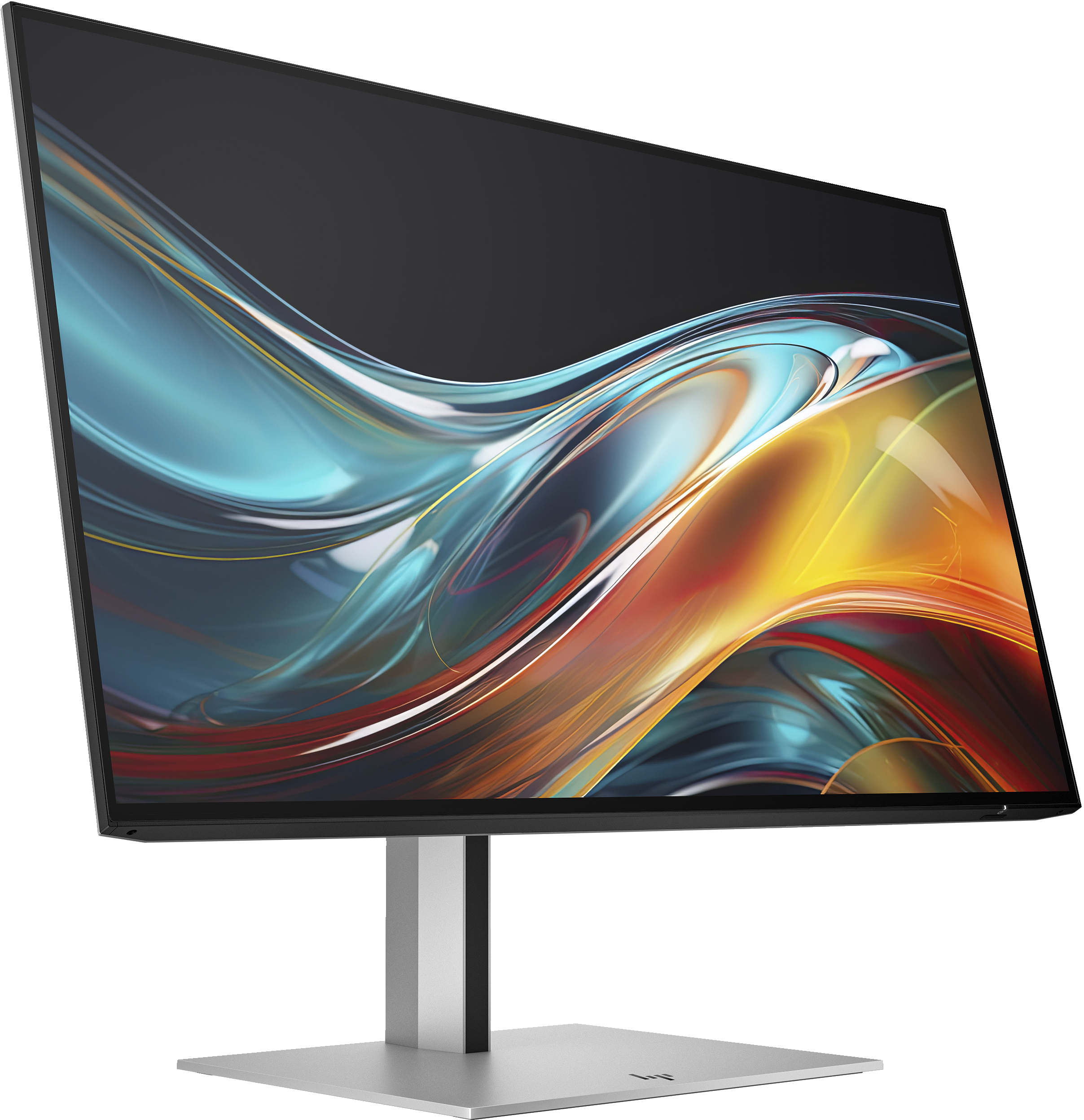 Ein moderner Computermonitor mit lebendiger abstrakter Anzeige. Er hat einen silbernen Ständer und einen dunklen, dünnen Rahmen.